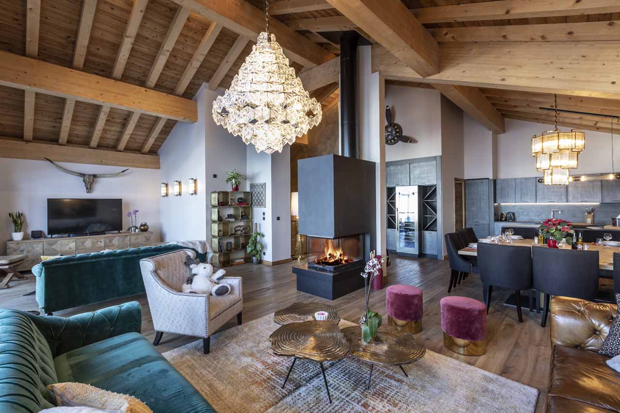 Open plan living area at Chalet Golden Jubilee in Val Thorens