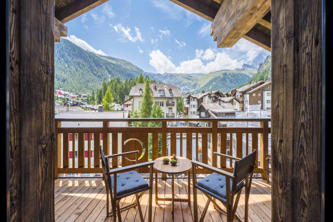 Balcony view from Christiania Penthouse in Zermatt