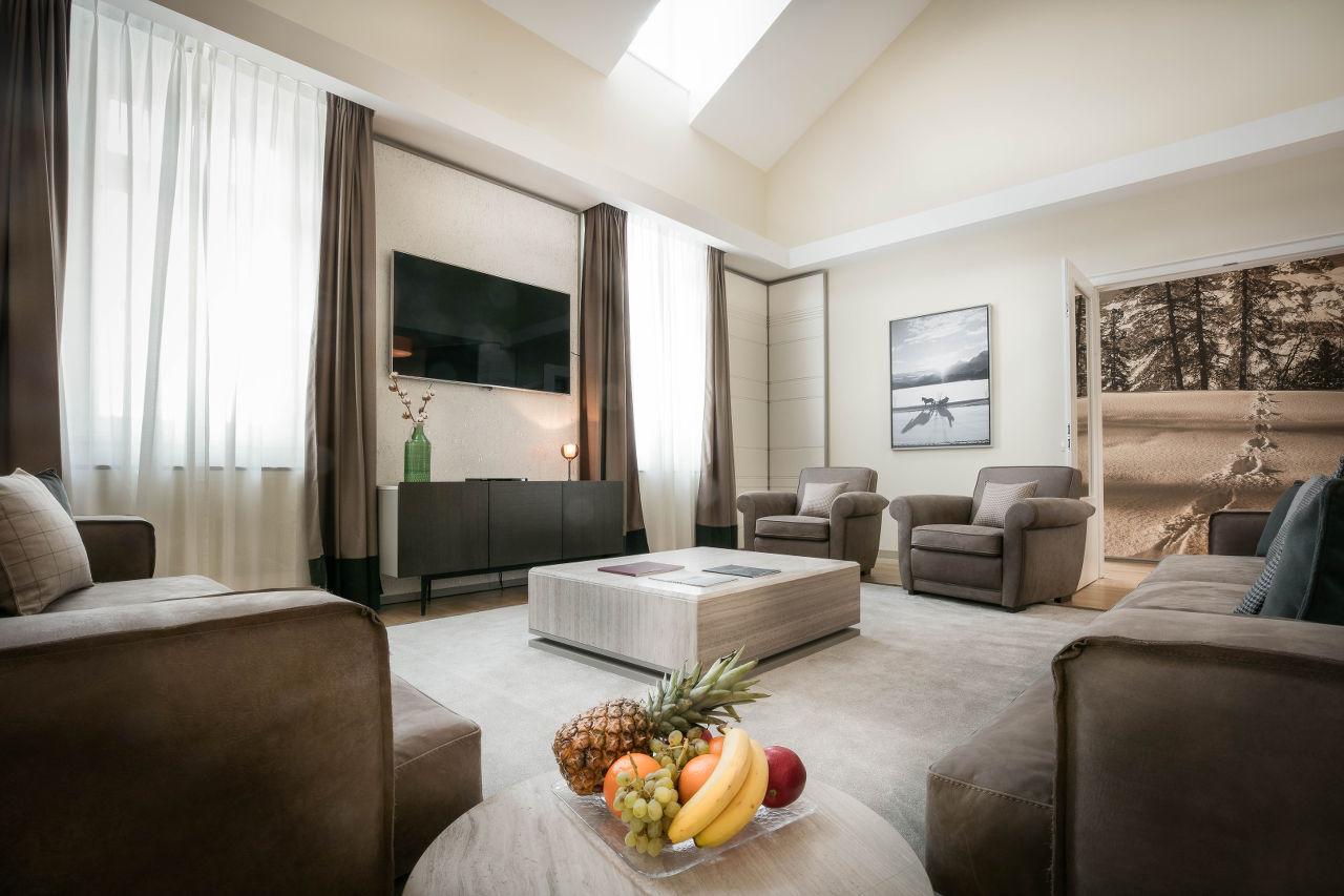 Open plan living area at Corviglia Tower in St Moritz