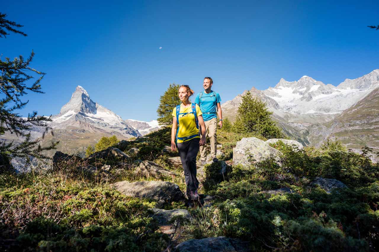 Hiking in Zermatt in summer with view of Matterhorn