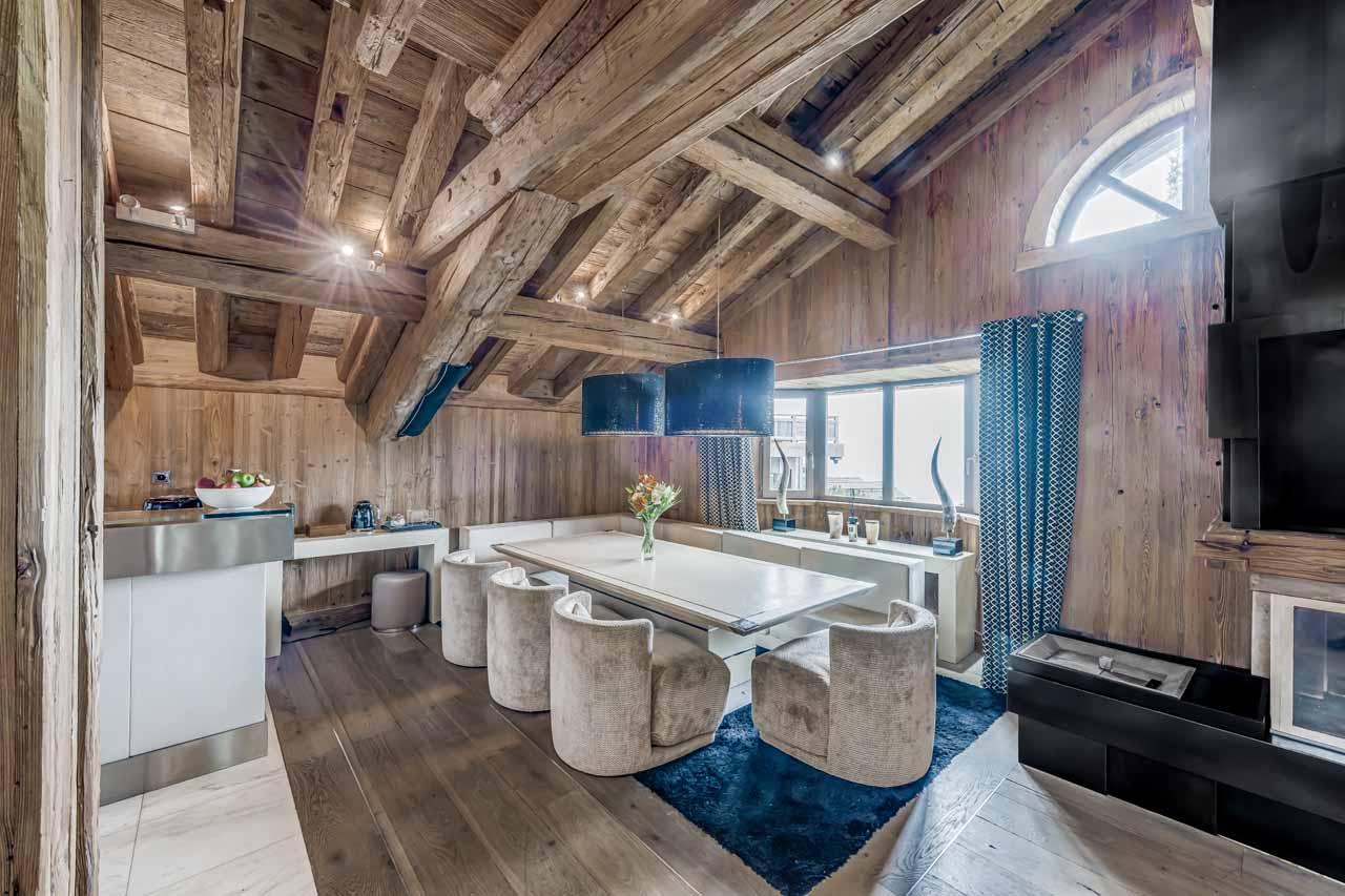 Authentic aged wood creates Alpine atmosphere in Chalet Carat in Courchevel 1850