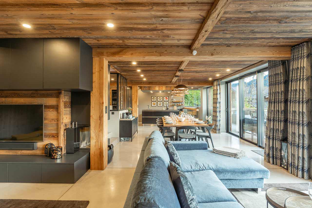 Open plan living area at Alpine Retreat in Morzine