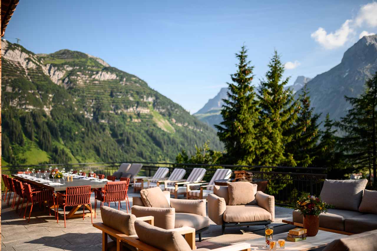 Terrace seating at Chalet Arula 1 in Lech
