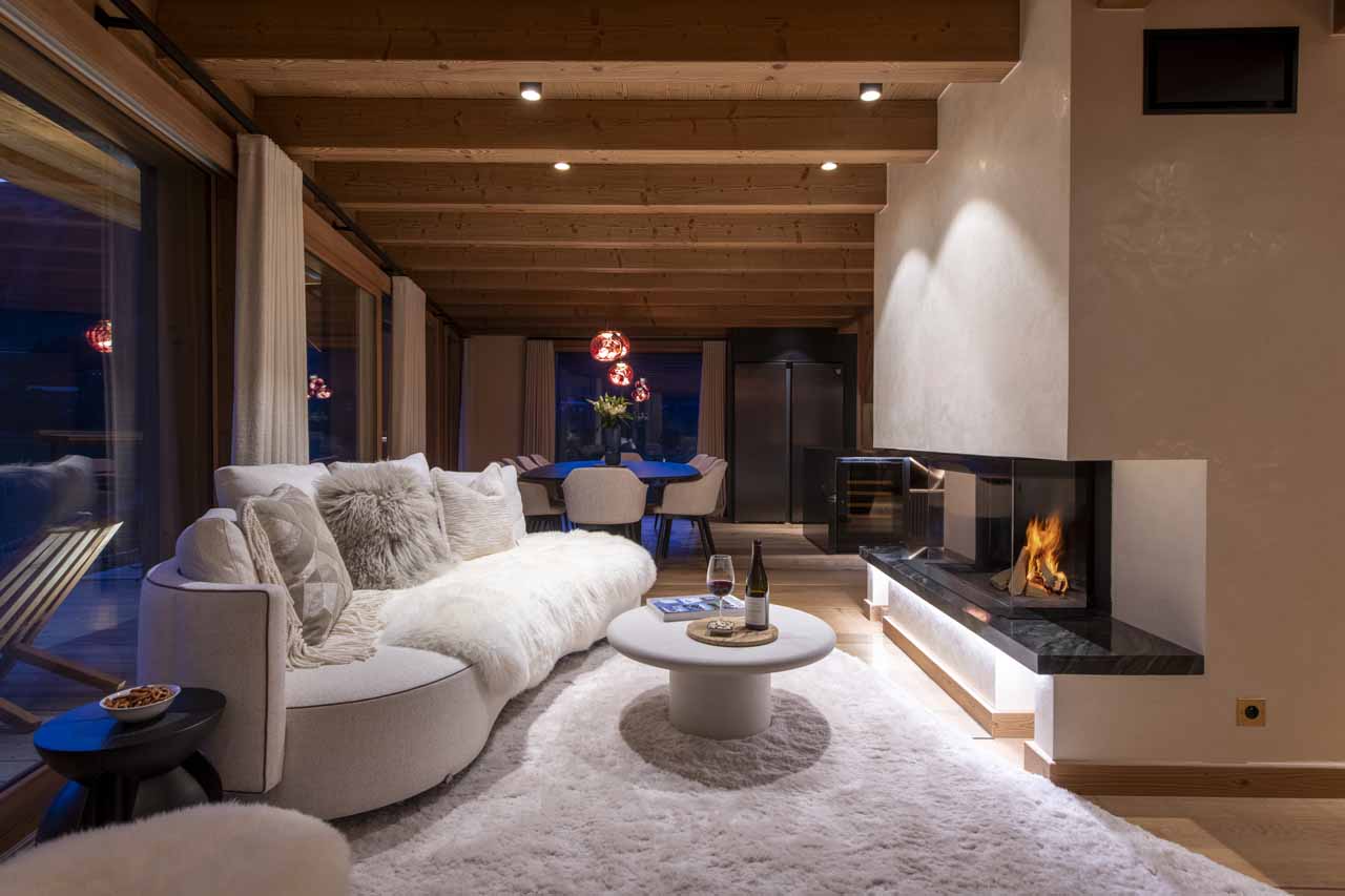 Living area fireplace at Chalet Avalon in Les Gets