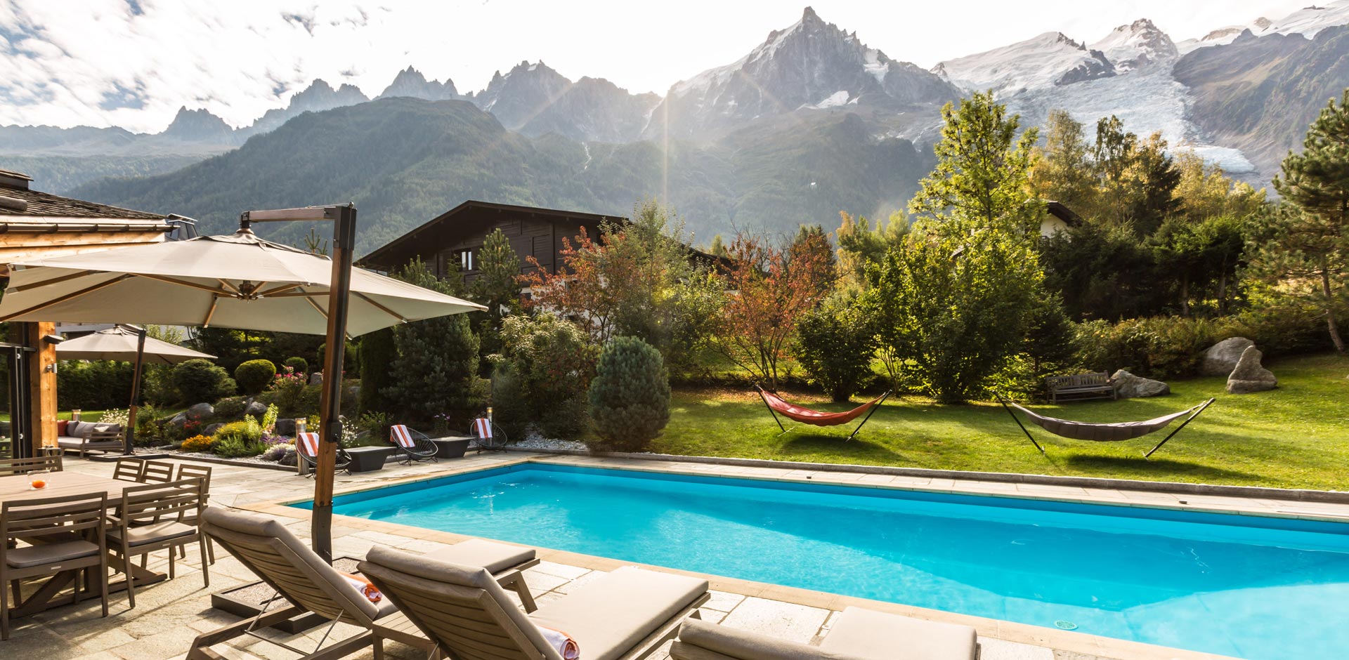 Chalet Couttet outdoor pool in summer in Chamonix