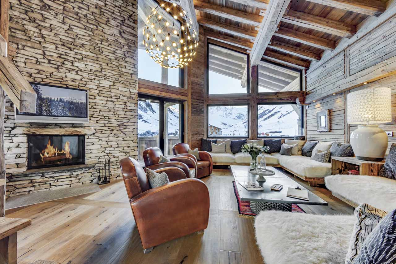 Open plan living area at Chalet Daria in Val d'Isere