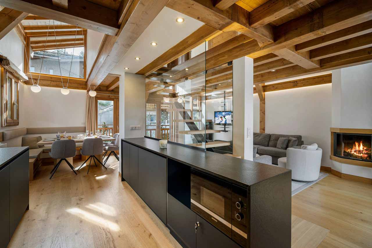 Open plan kitchen at Grace Dieu in Courchevel 1850