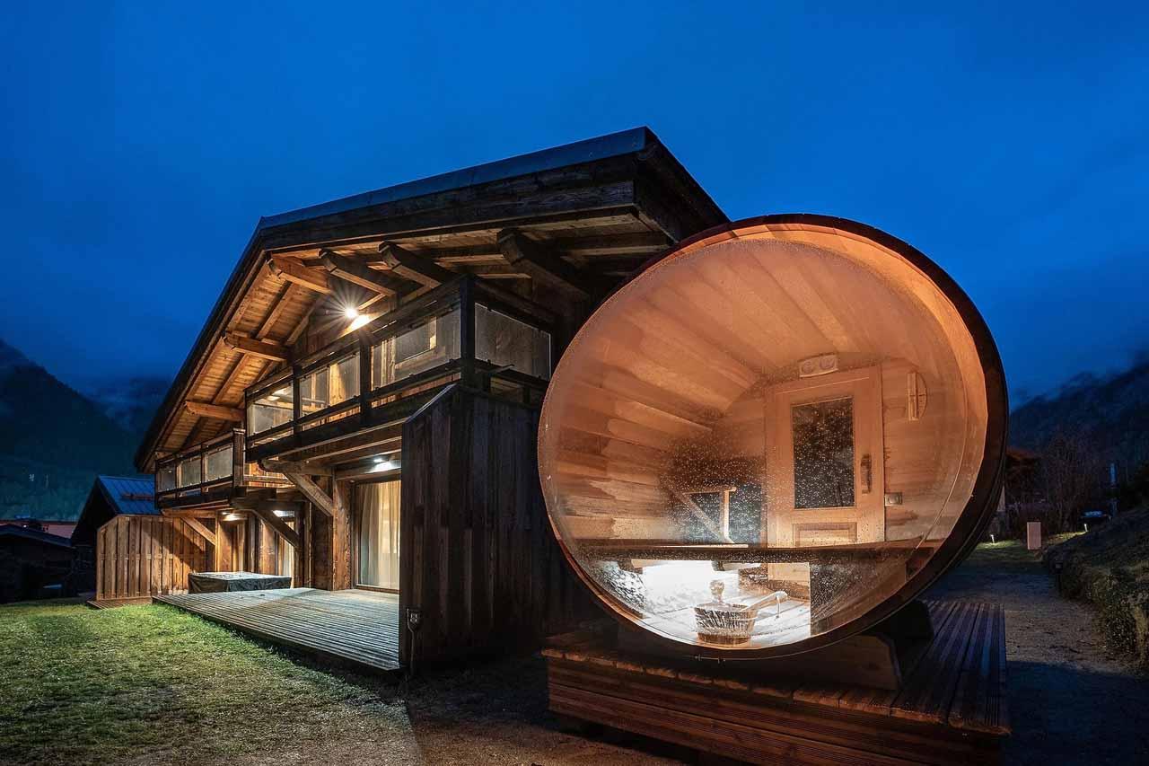 Barrel sauna and exterior of Chalet Lupa, Chamonix