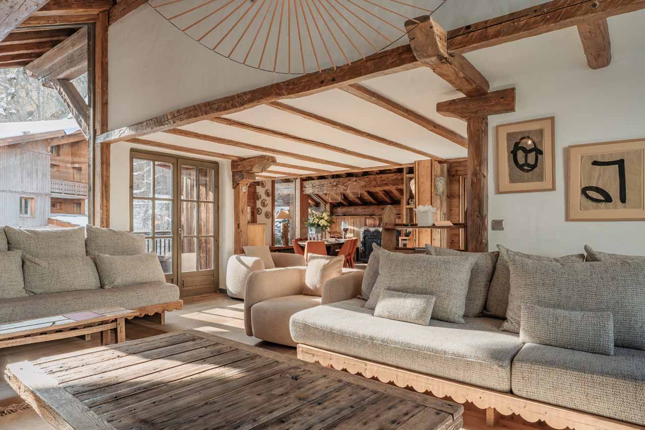 Fireplace in living area in Chalet Mathilda, Val d'Isere