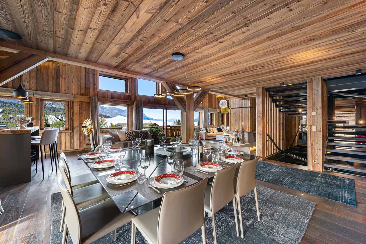 Dining table and bar at Chalet Orcia in Megeve