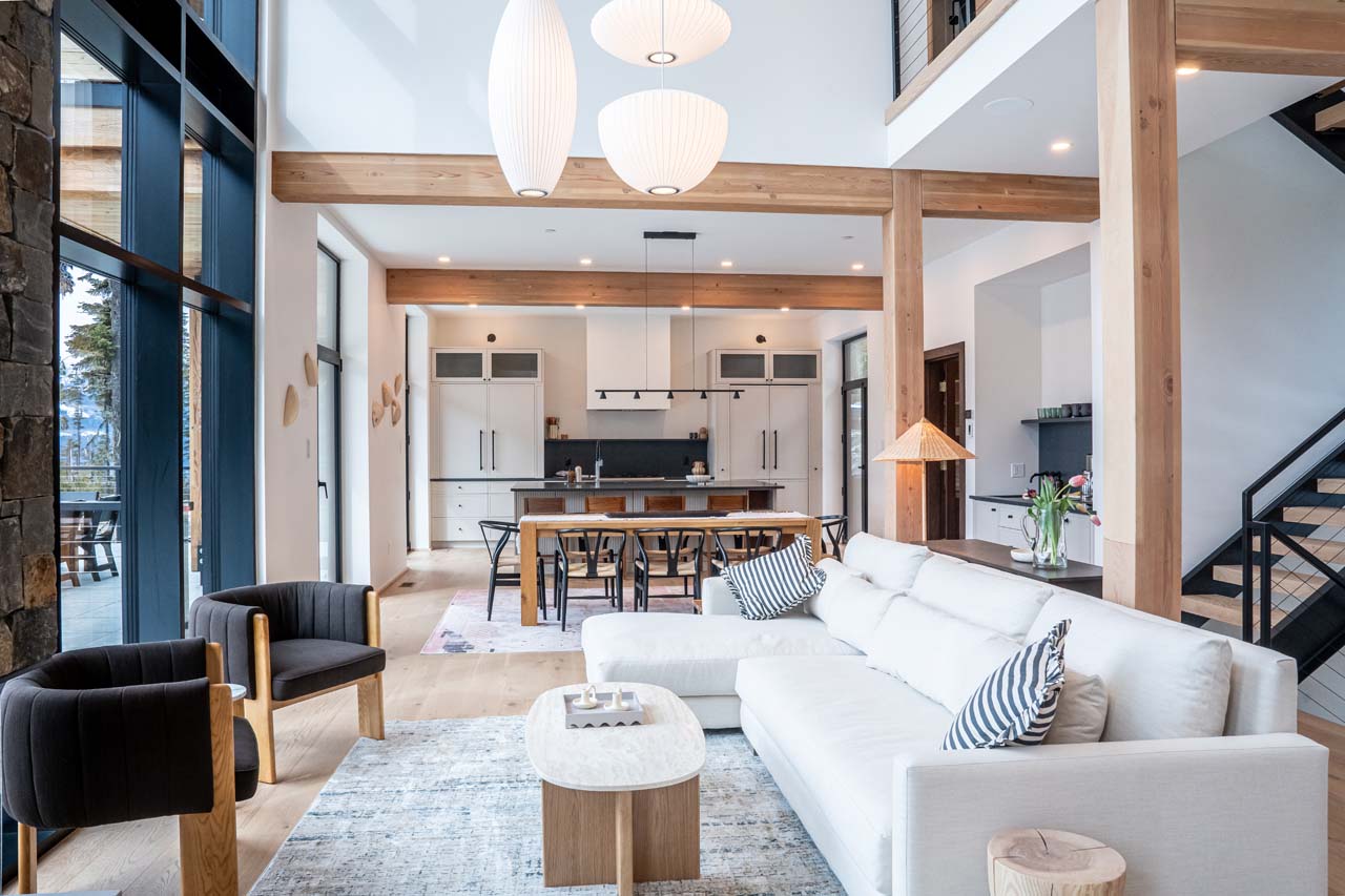Open-plan living area in Ghost Peak Chalet, Revelstoke