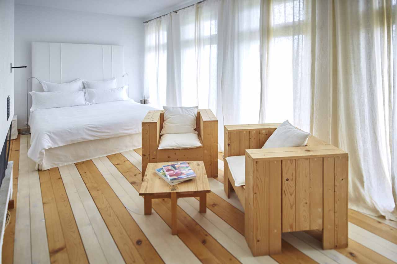 Striped bedroom at Villa Gella in the Rhodope Mountains