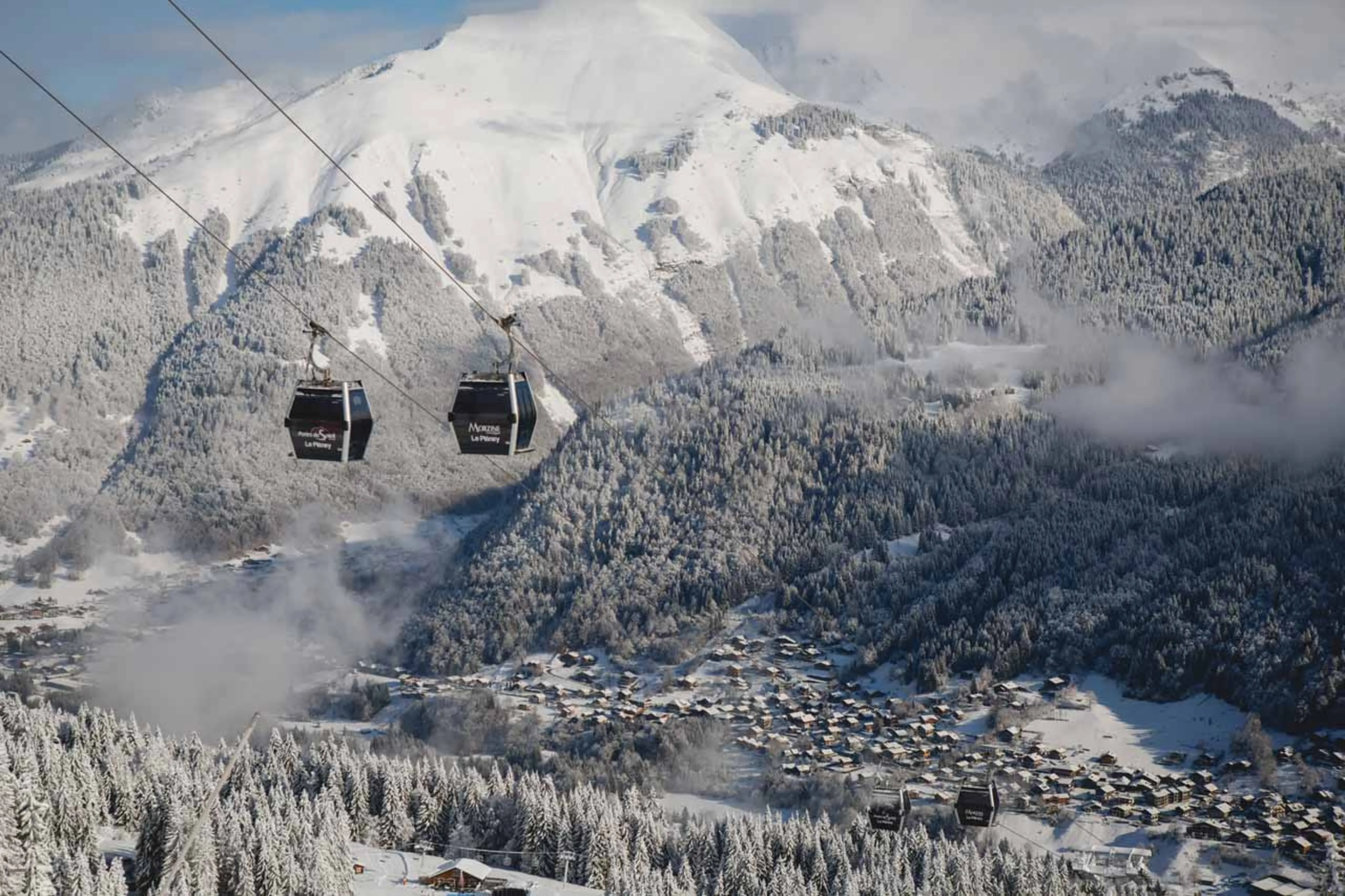Cable cars over the snowy resort of Morzine