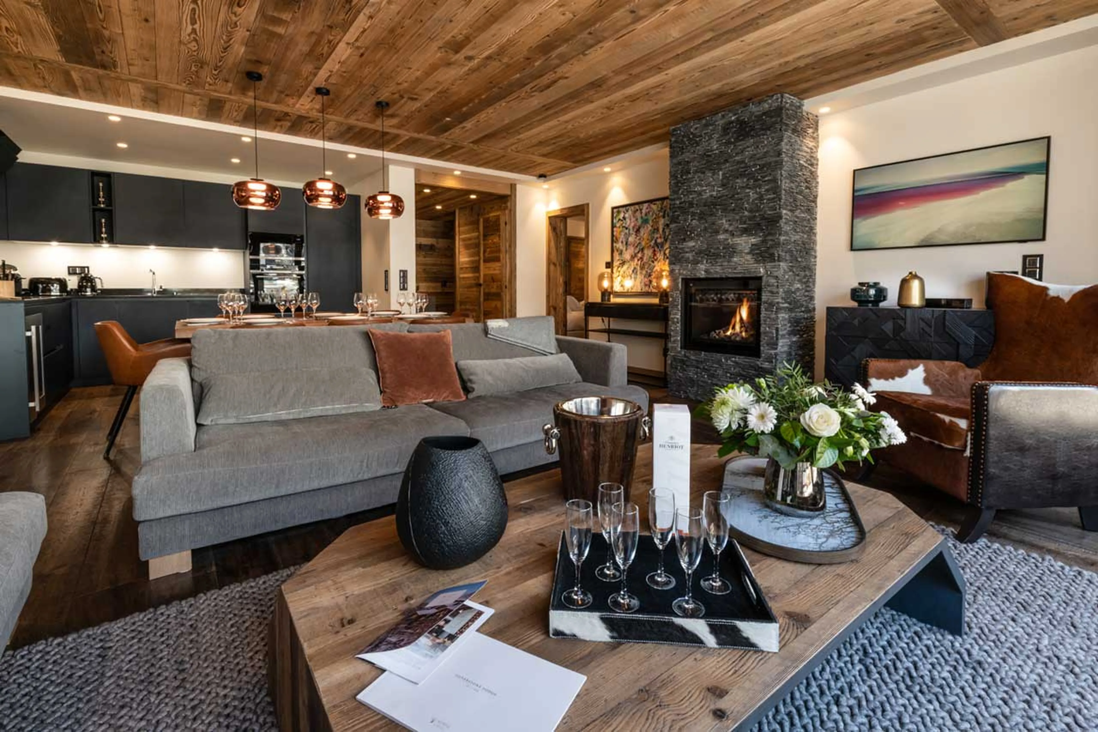 Living, dining and kitchen area at Alaska Lodge 3 in Val d'Isere