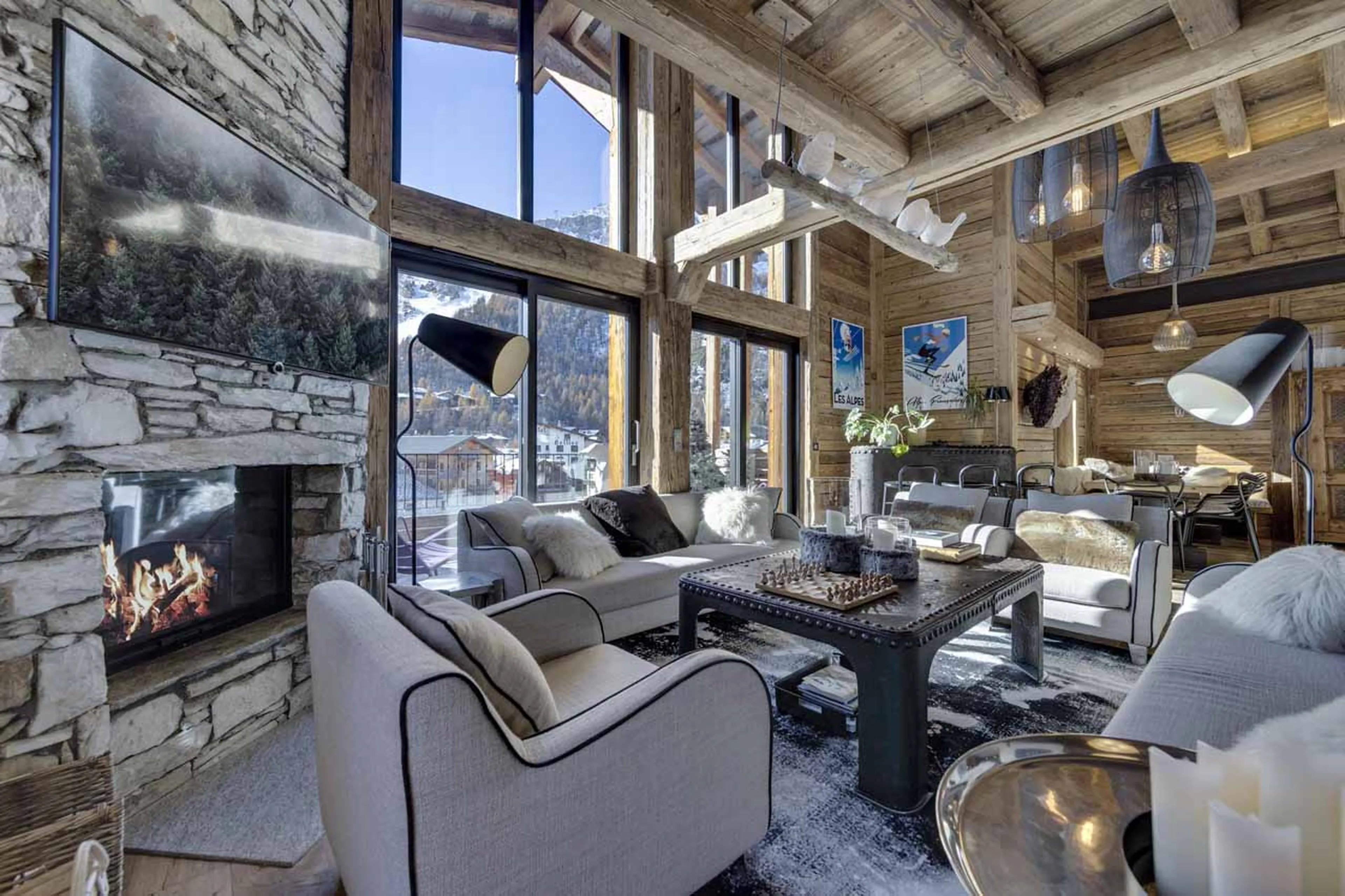 Living, dining and kitchen at Chalet Artemis in Val d'Isere