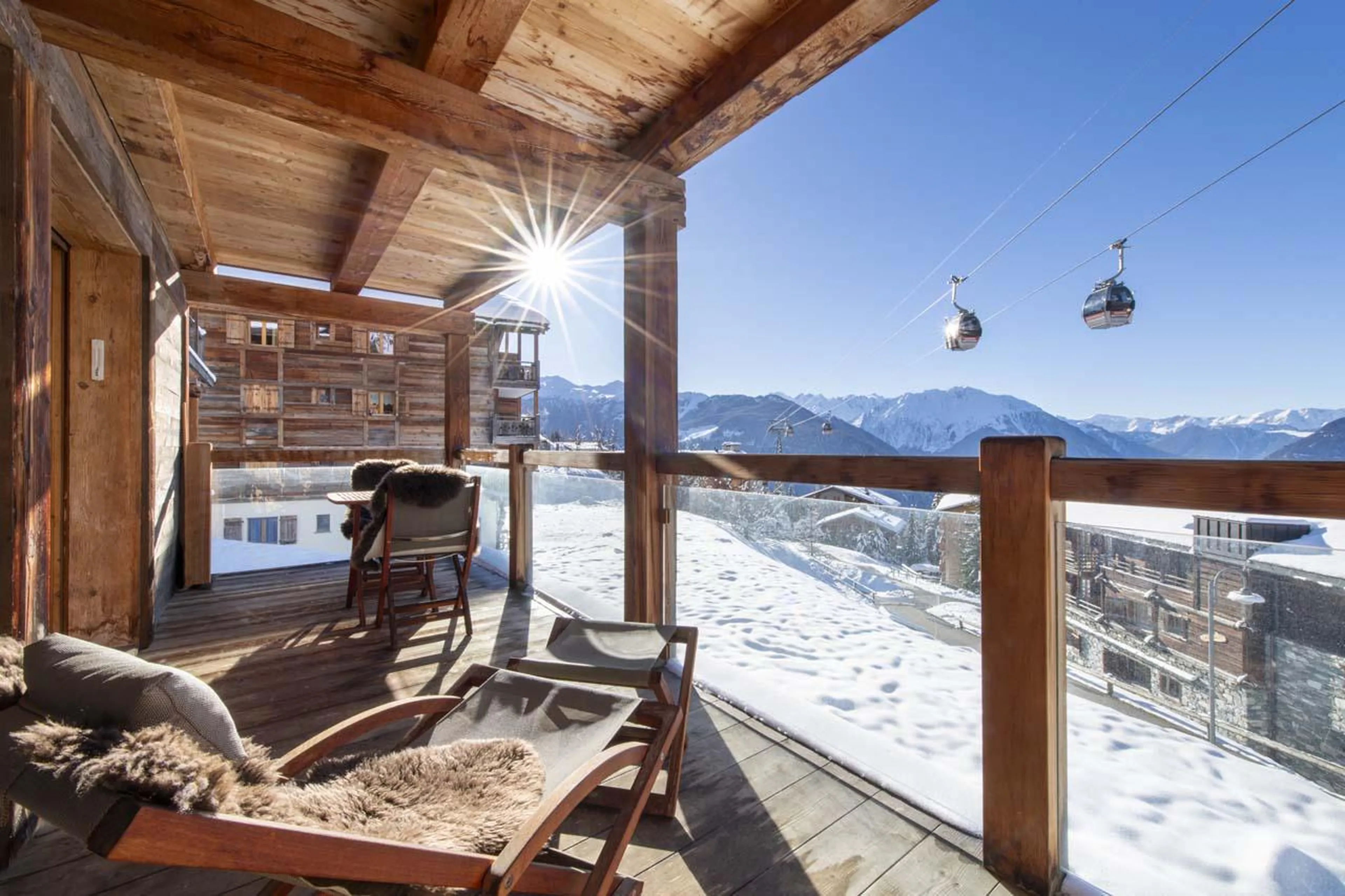 Beautiful mountain views from the south-facing balcony at Apartment Basalte C13 in Verbier