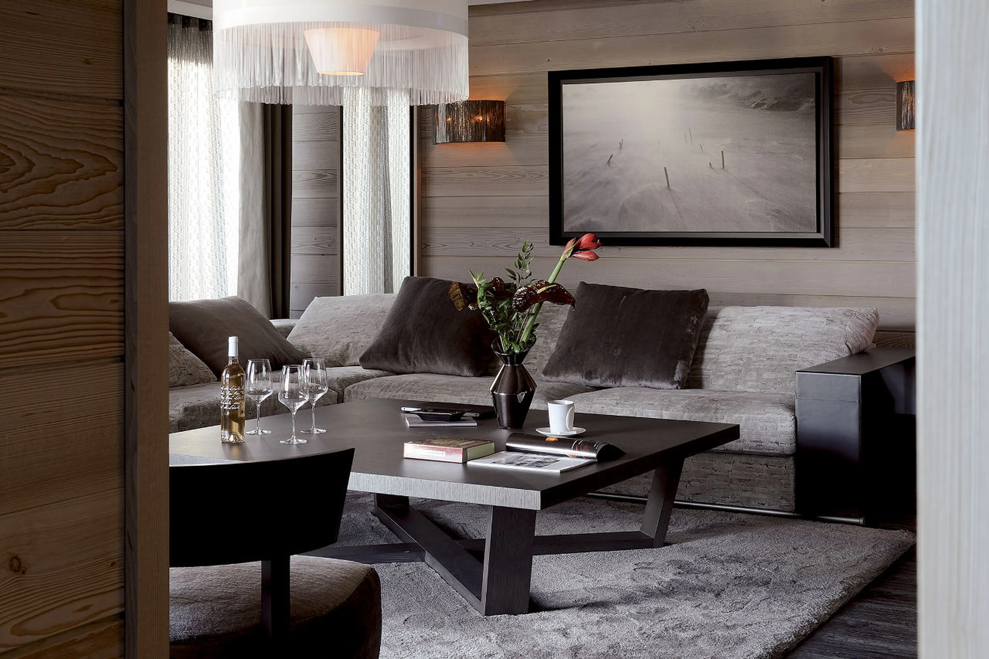 Comfortable modern furniture in stylish living area of Apartment Jade in Courchevel 1850