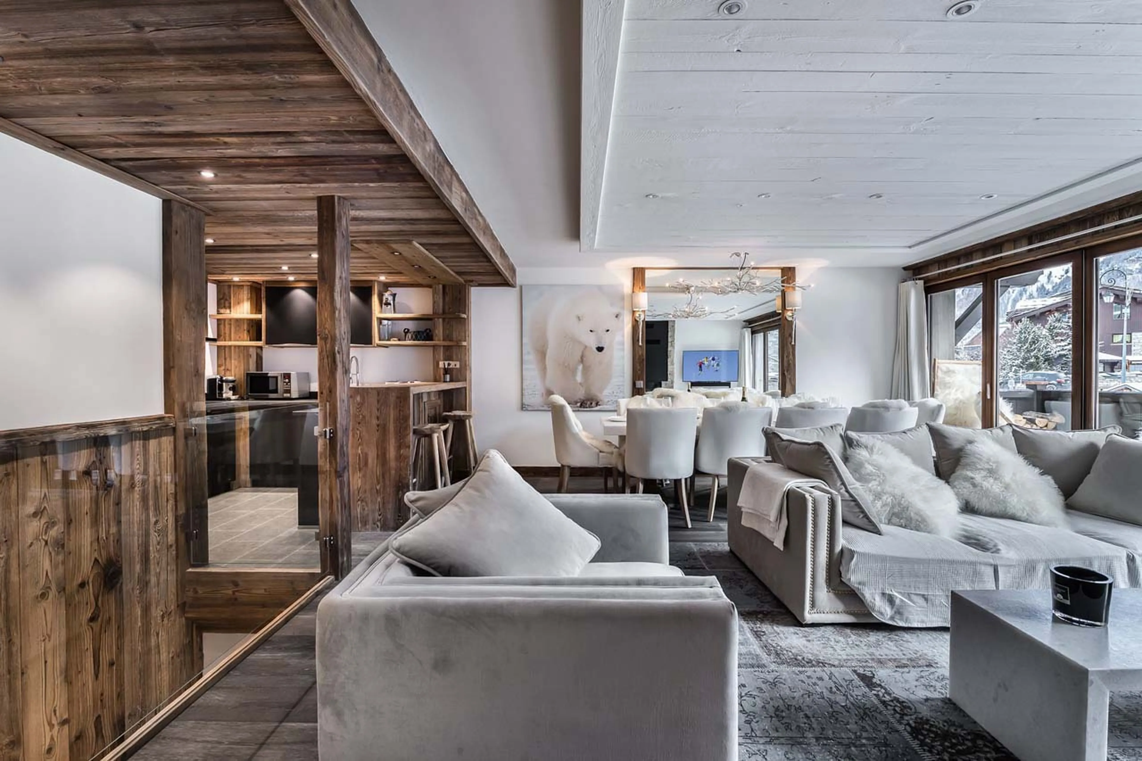 Chic furnishings in open plan living area at Apartment La Canadienne 3 in Val d'Isere