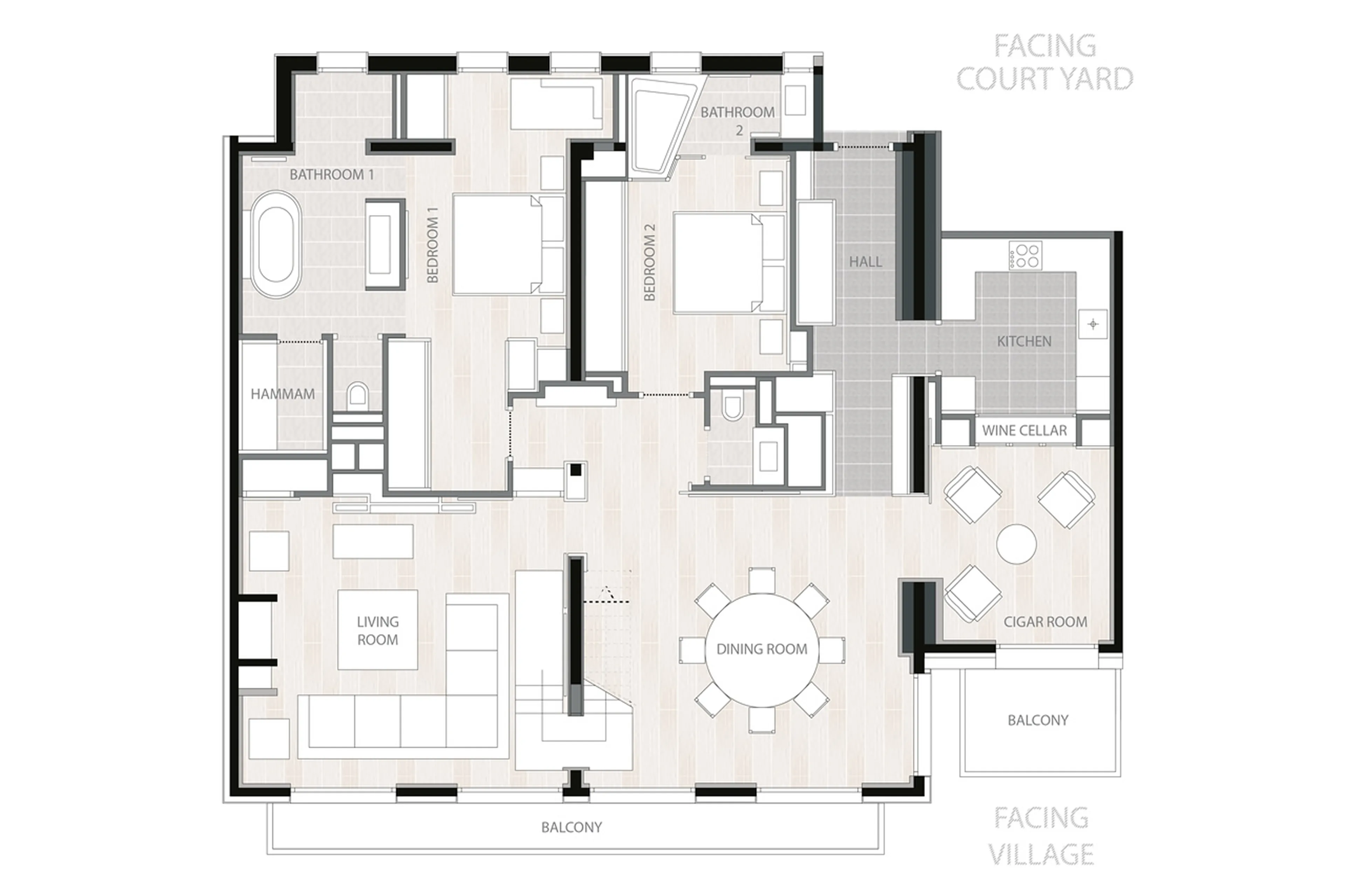 Lower level floor plan of Apartment Ruby in Courchevel 1850