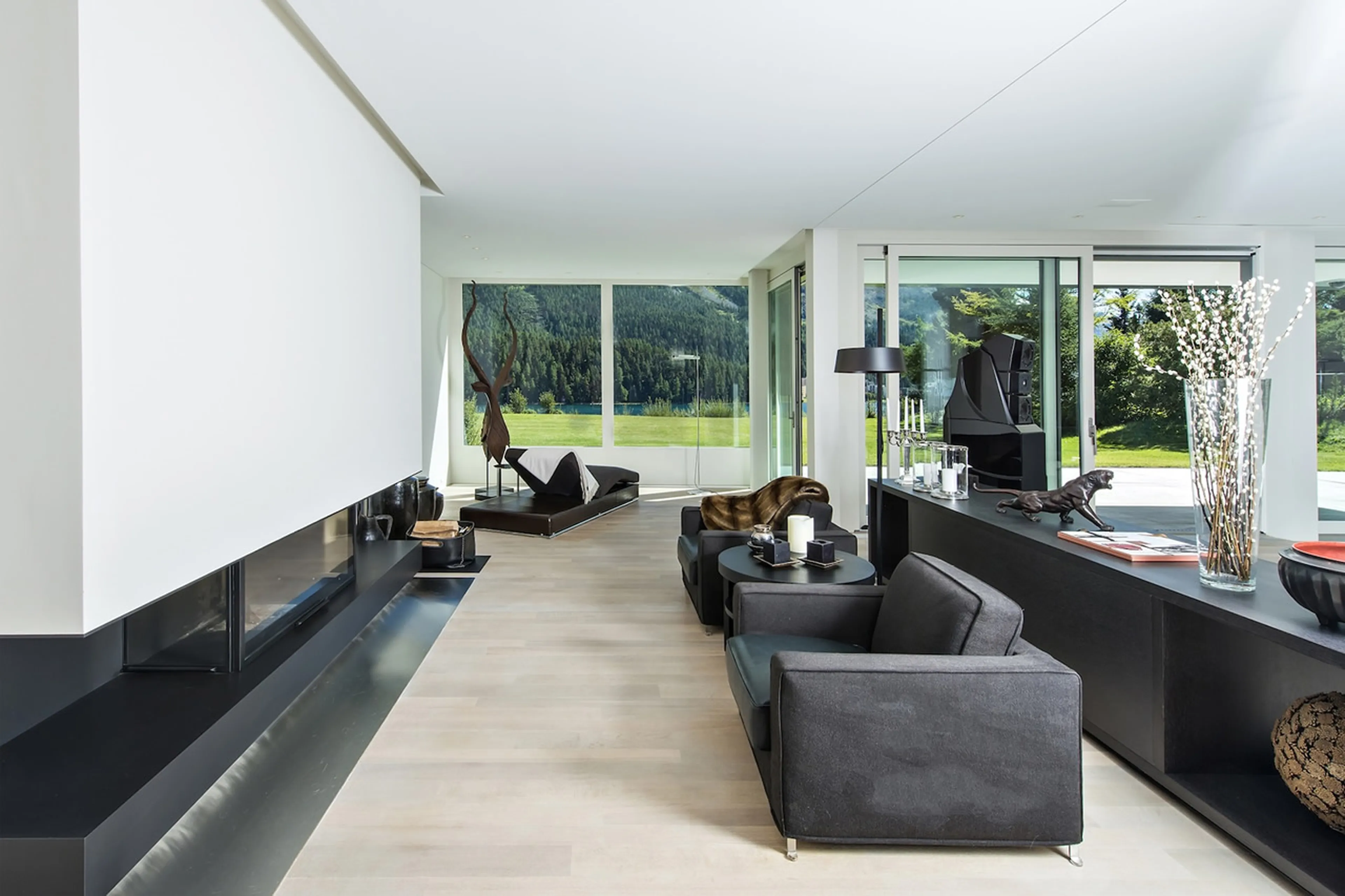 Fireplace in living area of The Loft in St Moritz