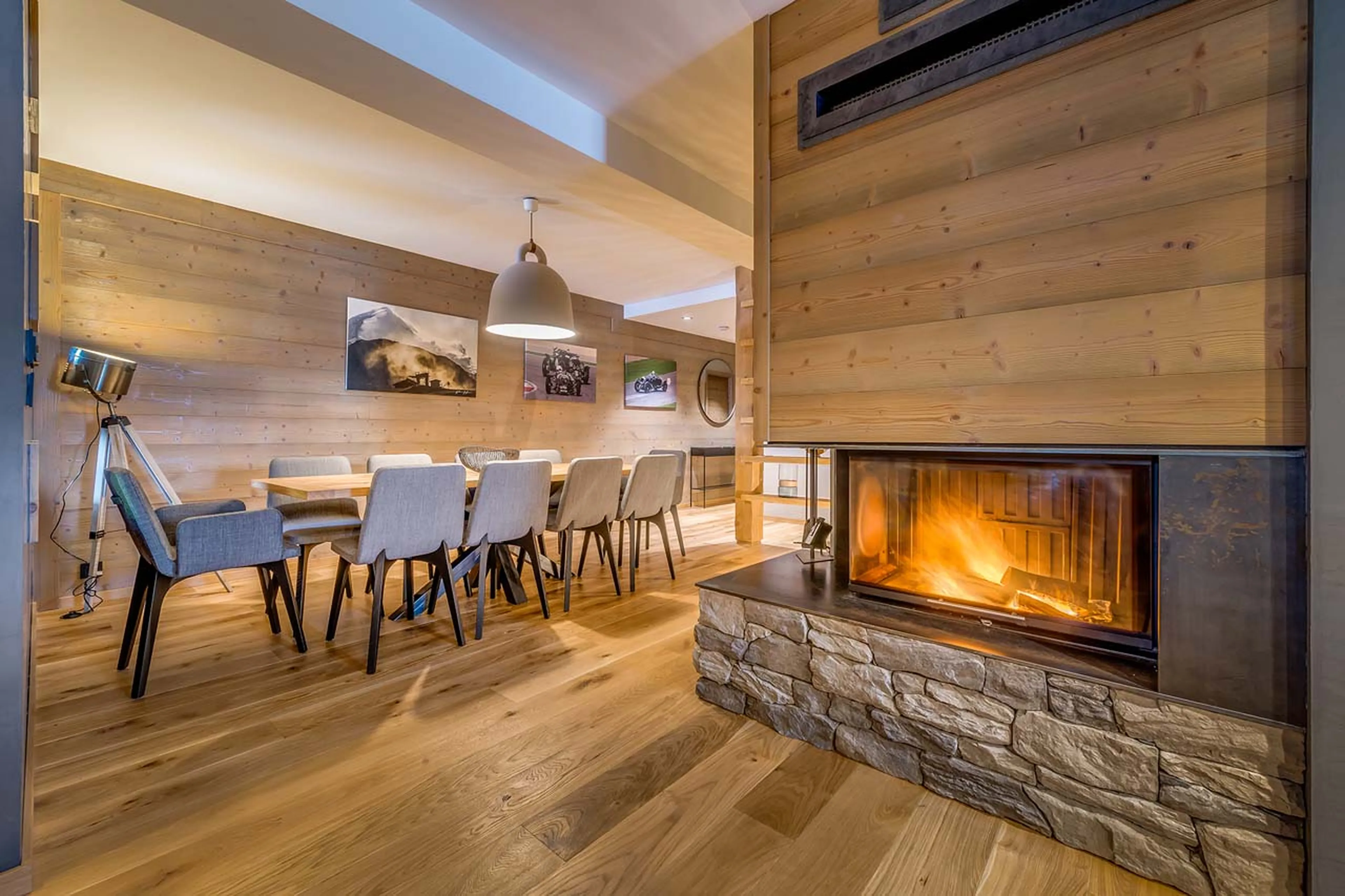 Fireplace and dining area at Apartment Tournesol in Val d'Isere
