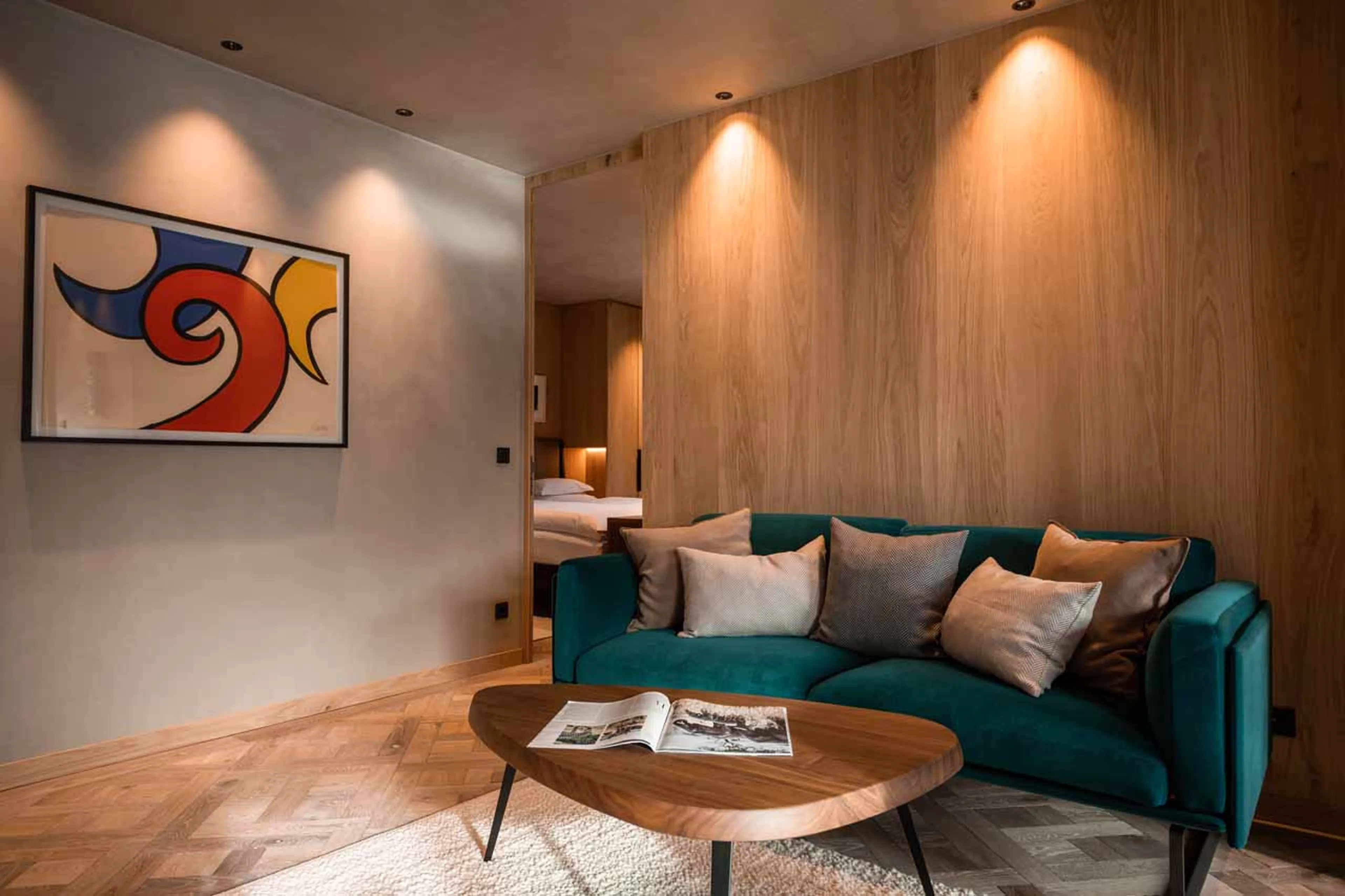 Living area sofa at Arla Modern Art Suite in Lech