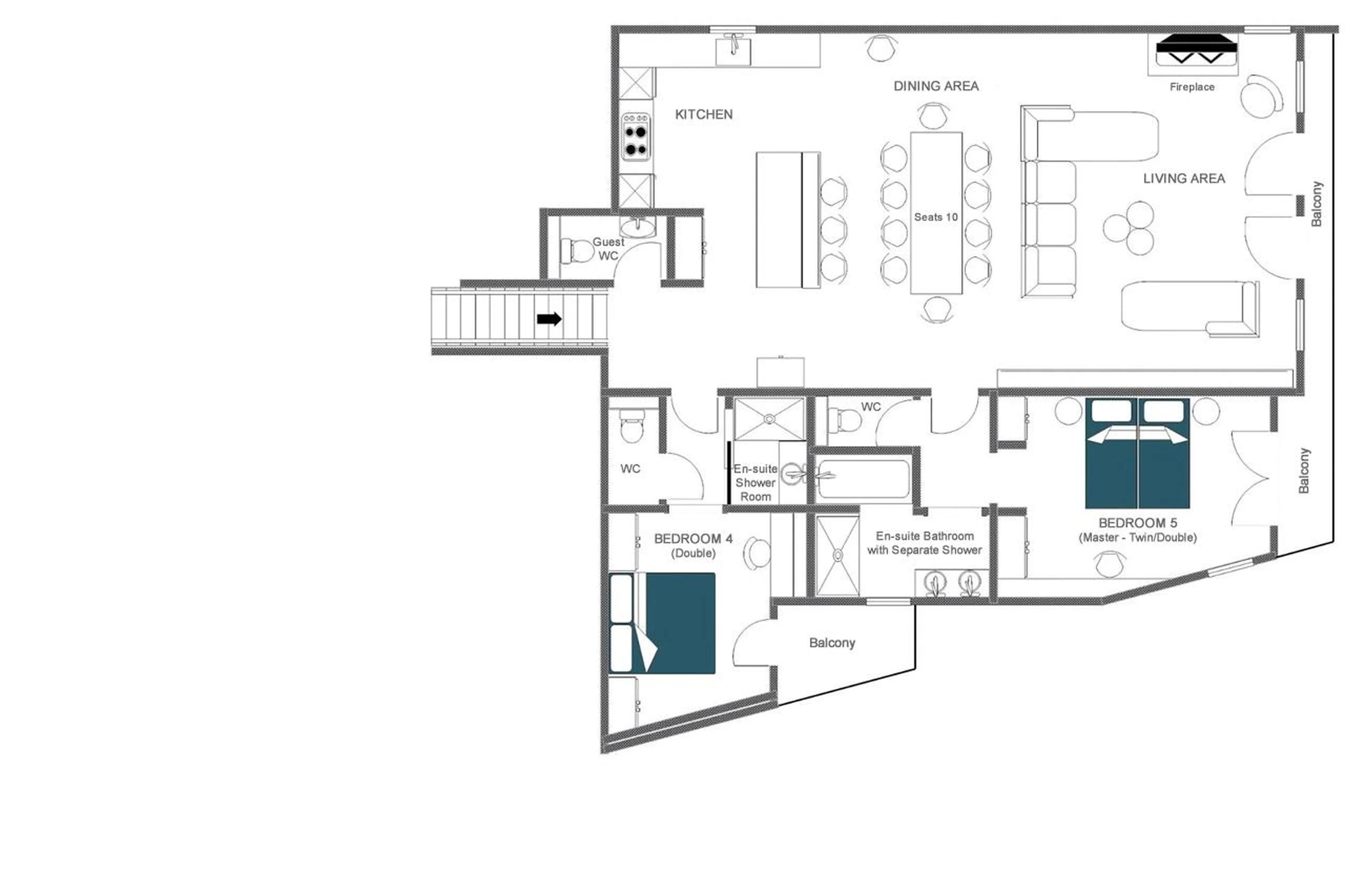 Upper level floor plan of Arolay Apartment 2 in Val d'Isere