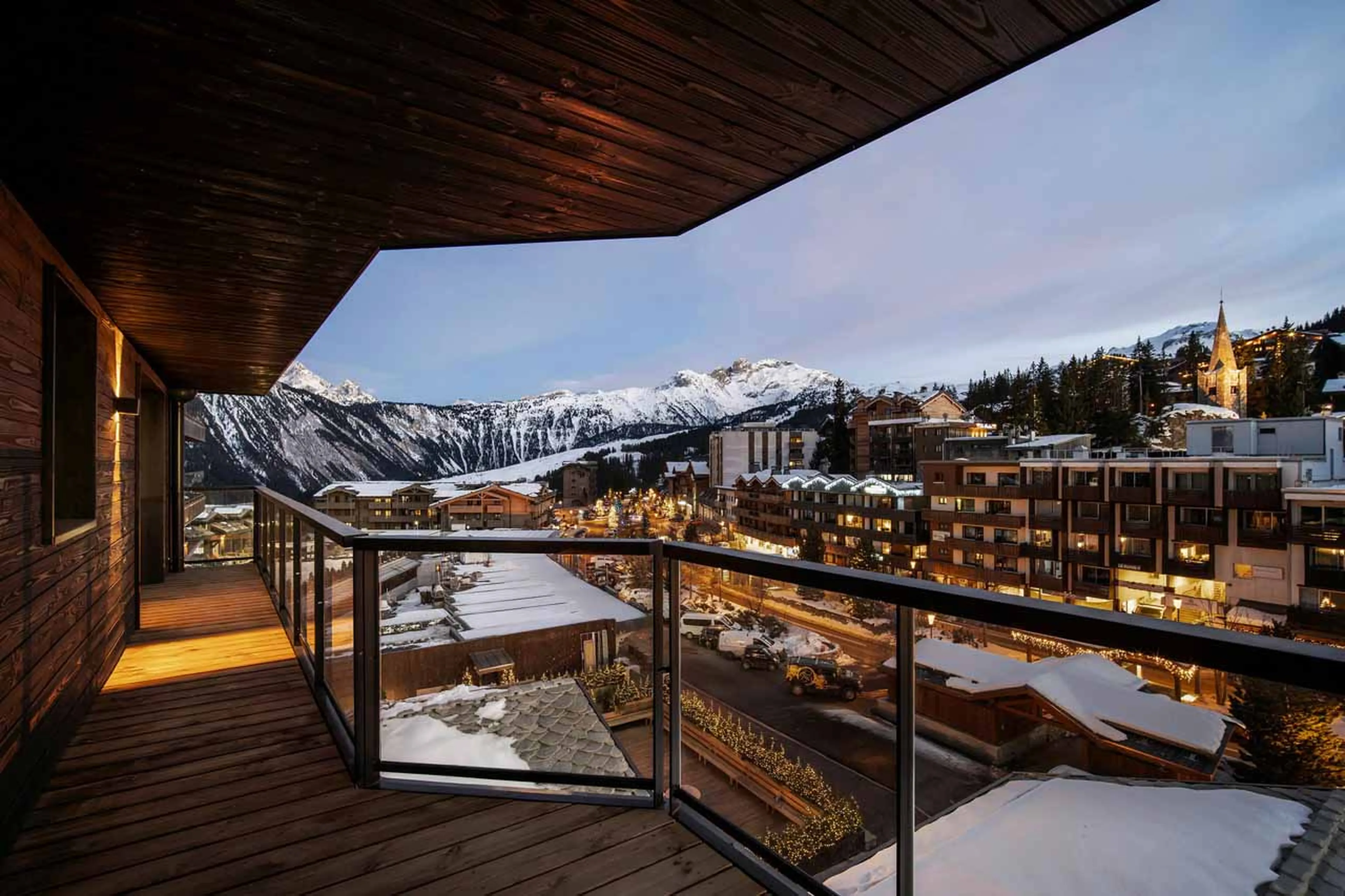 Balcony at night at Atmosphere 801 in Courchevel 1850