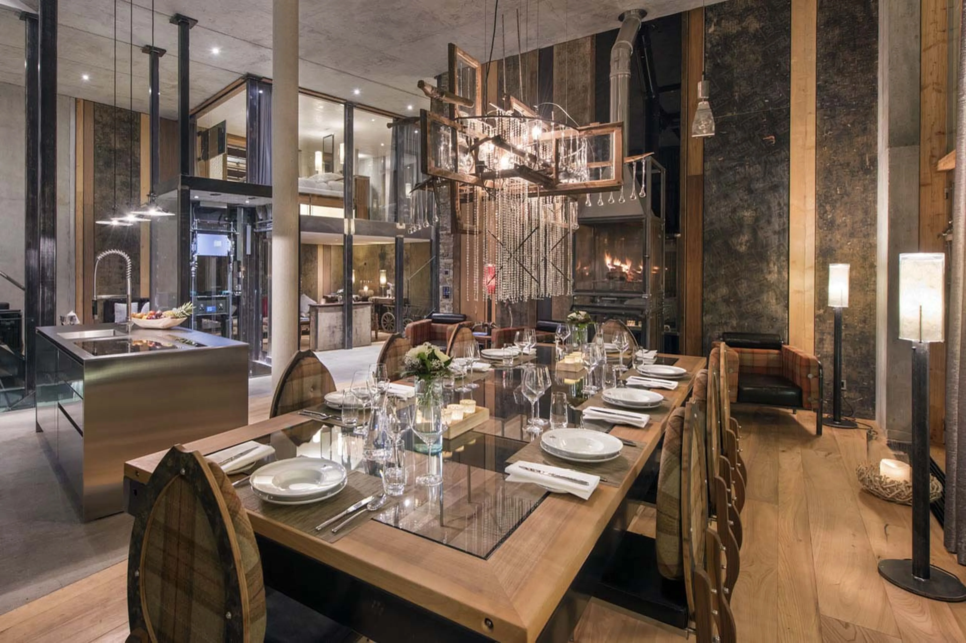 Dining are with fireplace at Backstage Luxury Loft in Zermatt