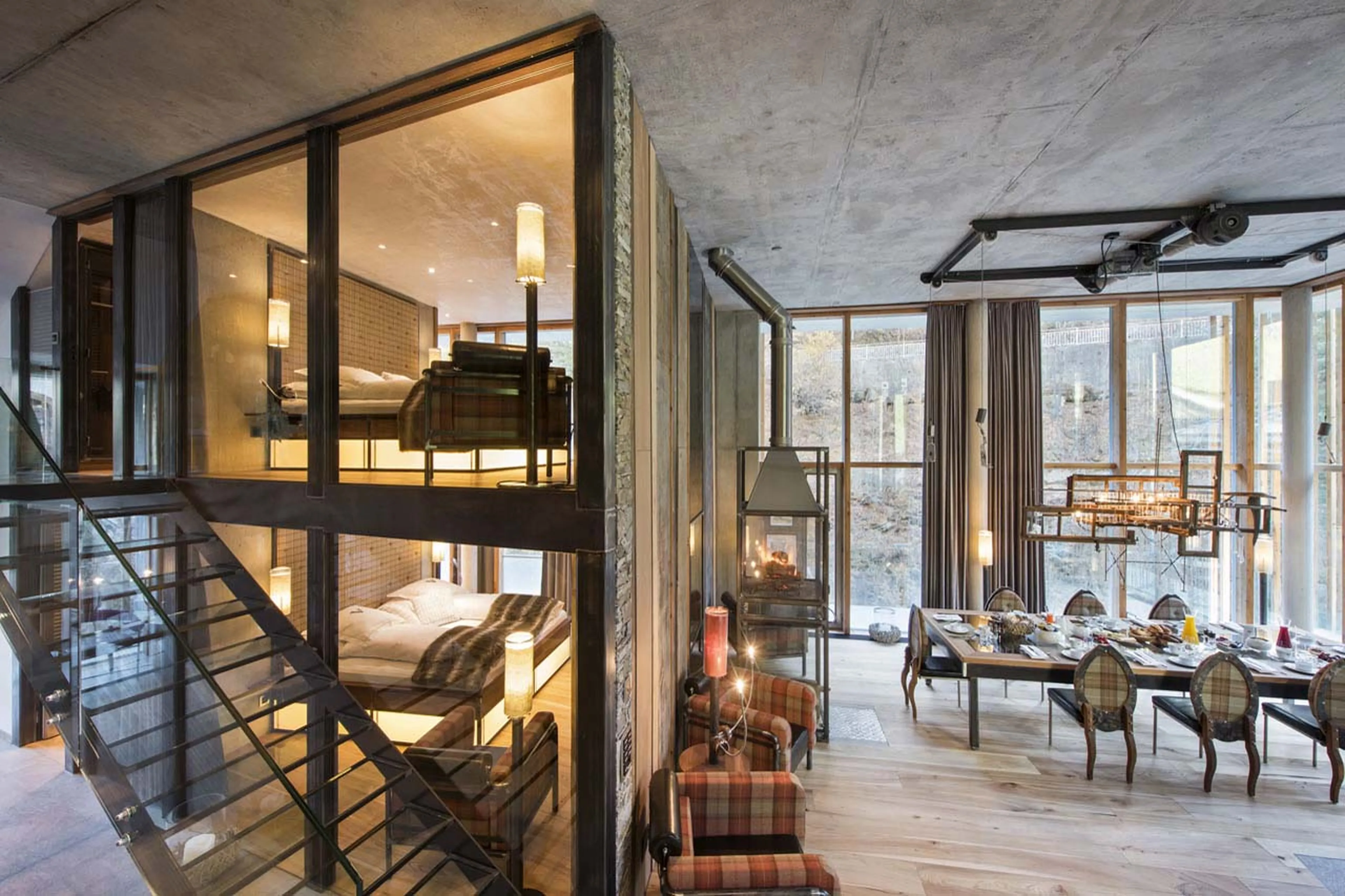 Bedrooms and dining area at Backstage Luxury Loft in Zermatt