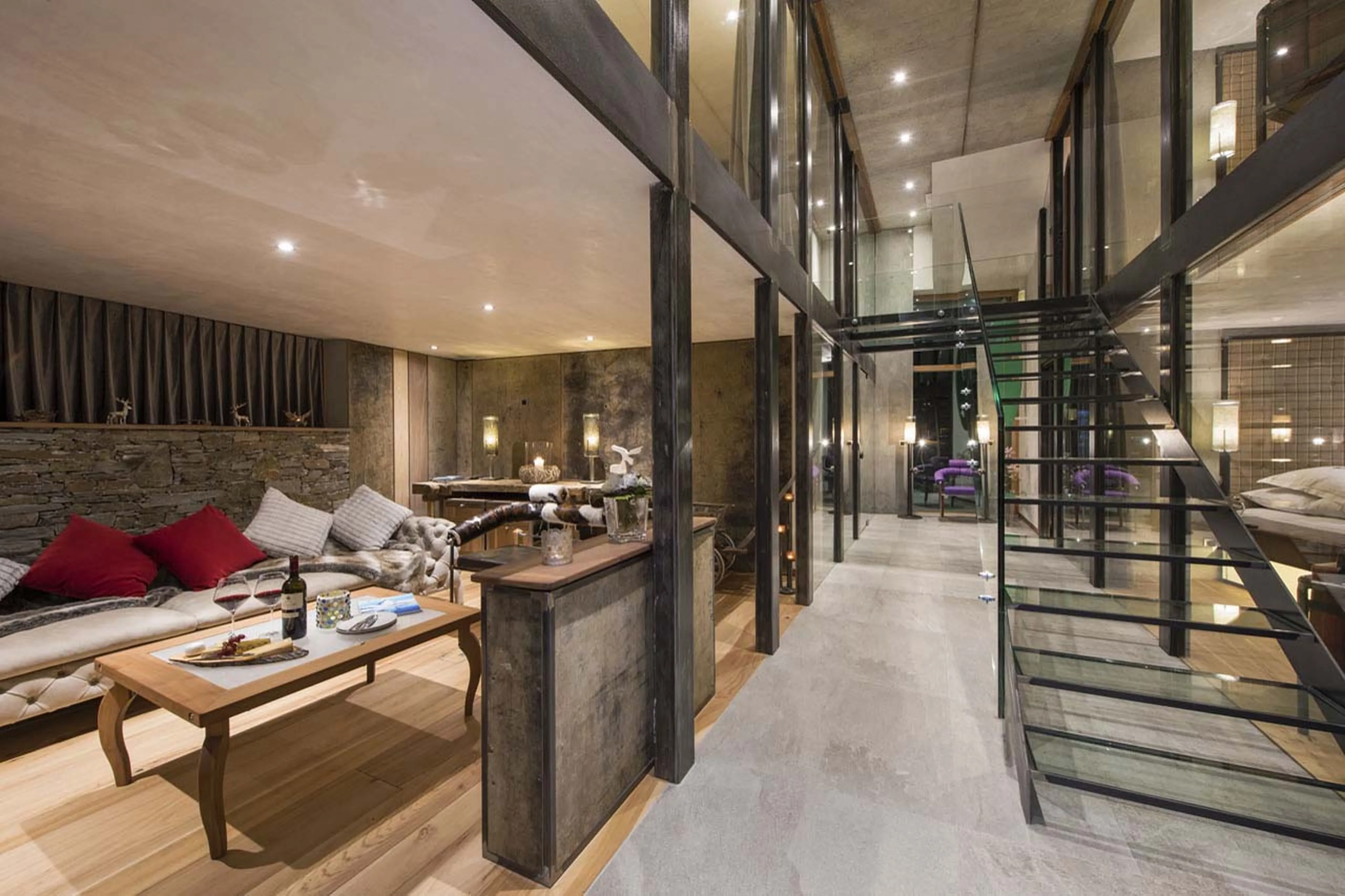 Open plan living area at Backstage Luxury Loft in Zermatt