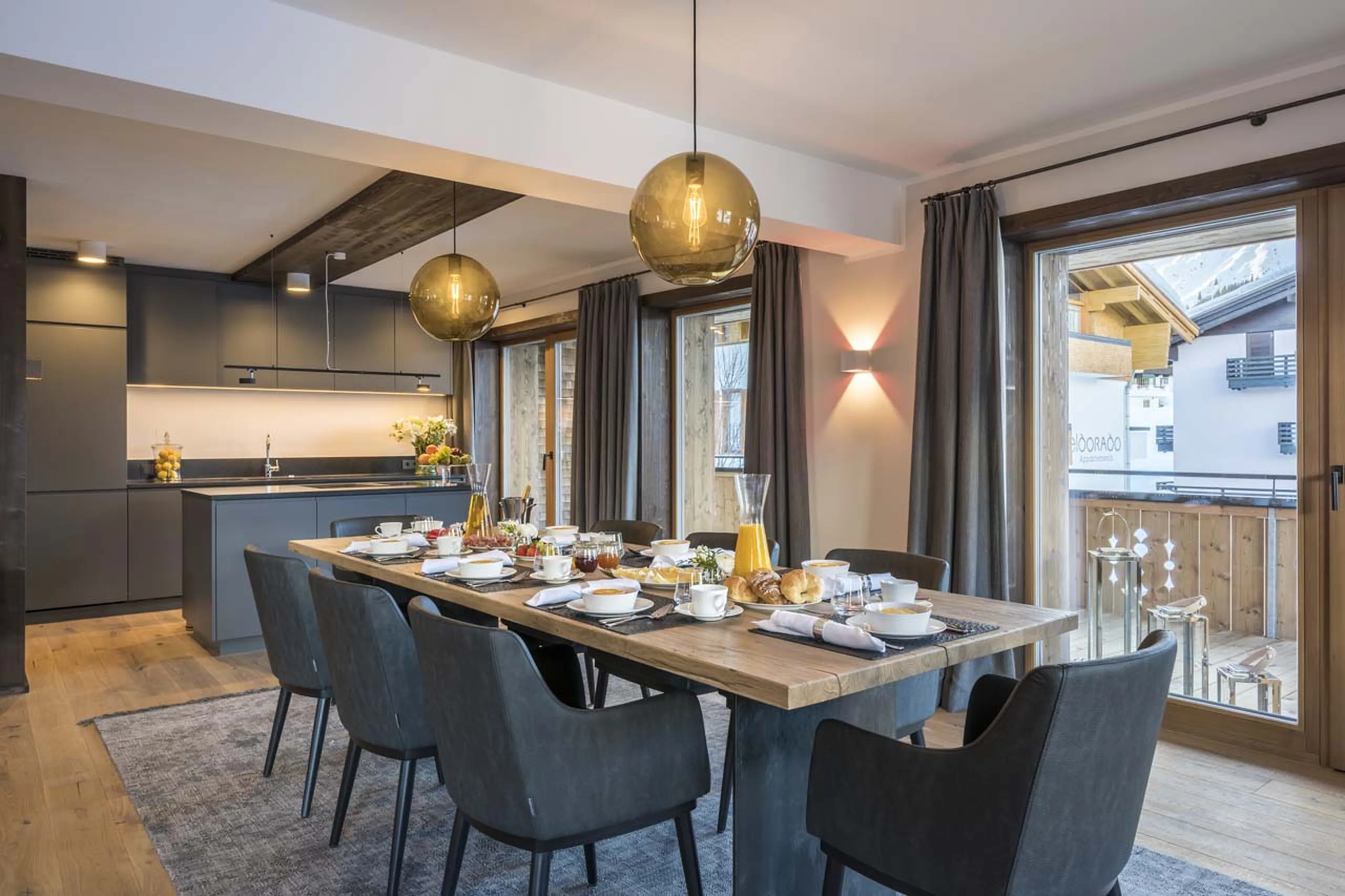 Kitchen overlooking dining area at Exterior of Balegia Apartment 4 in Lech