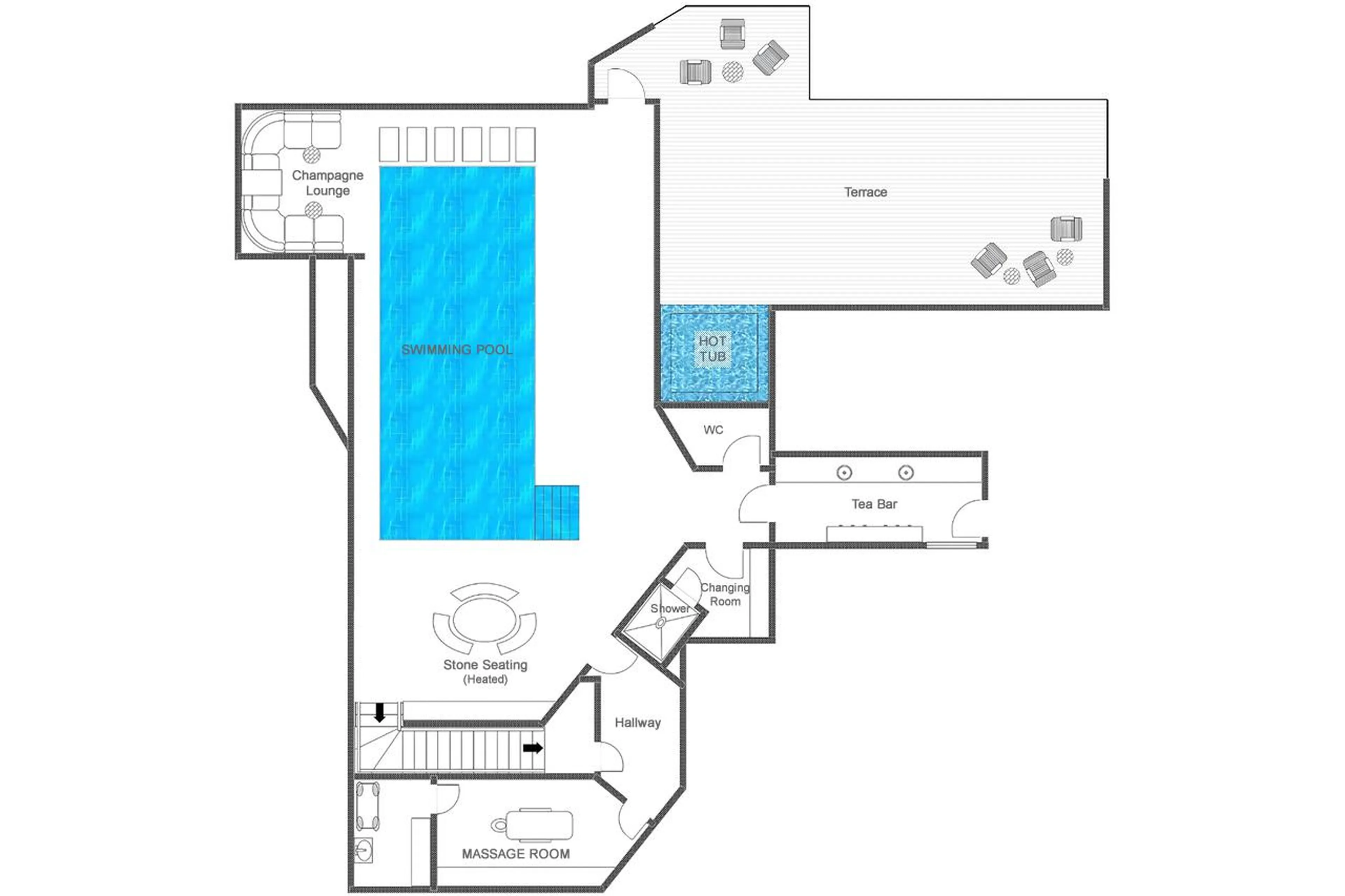 Lower Level floor plan of the Shared Spa of Balegia Apartment 4 in Lech