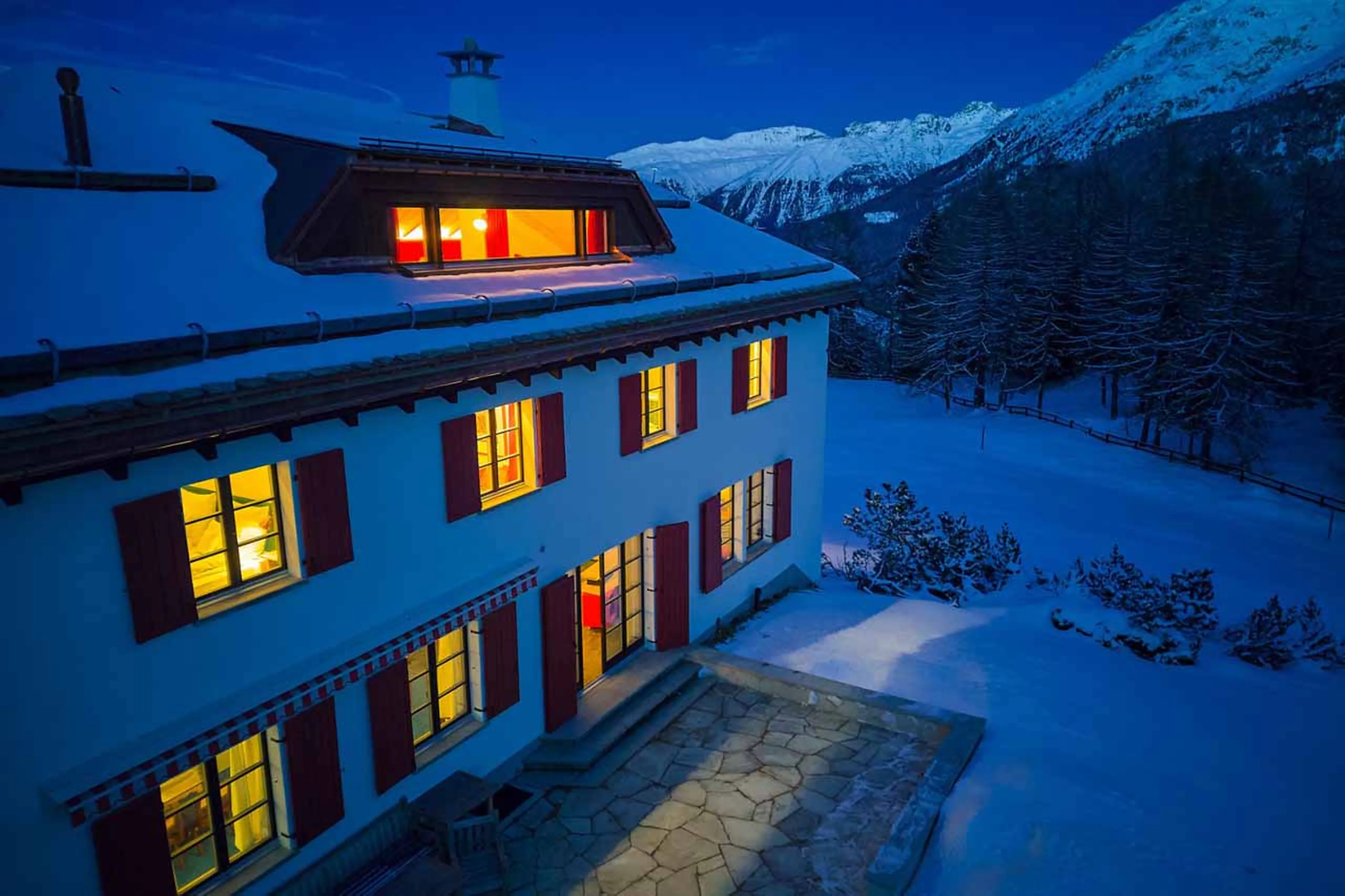 Exterior night of Chesa Bellaria in St Moritz