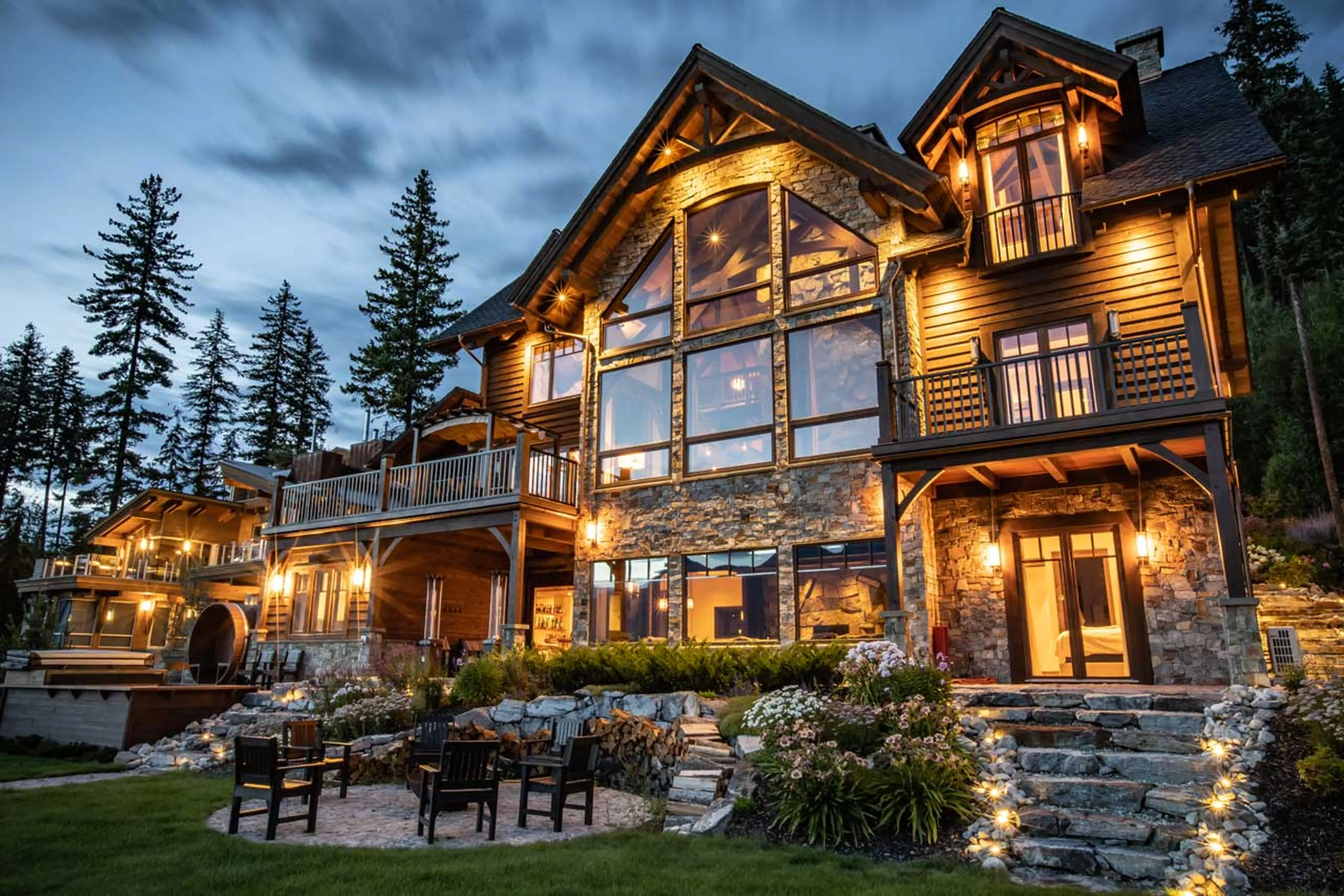 Chalet at night at Bison Lodge in Revelstoke