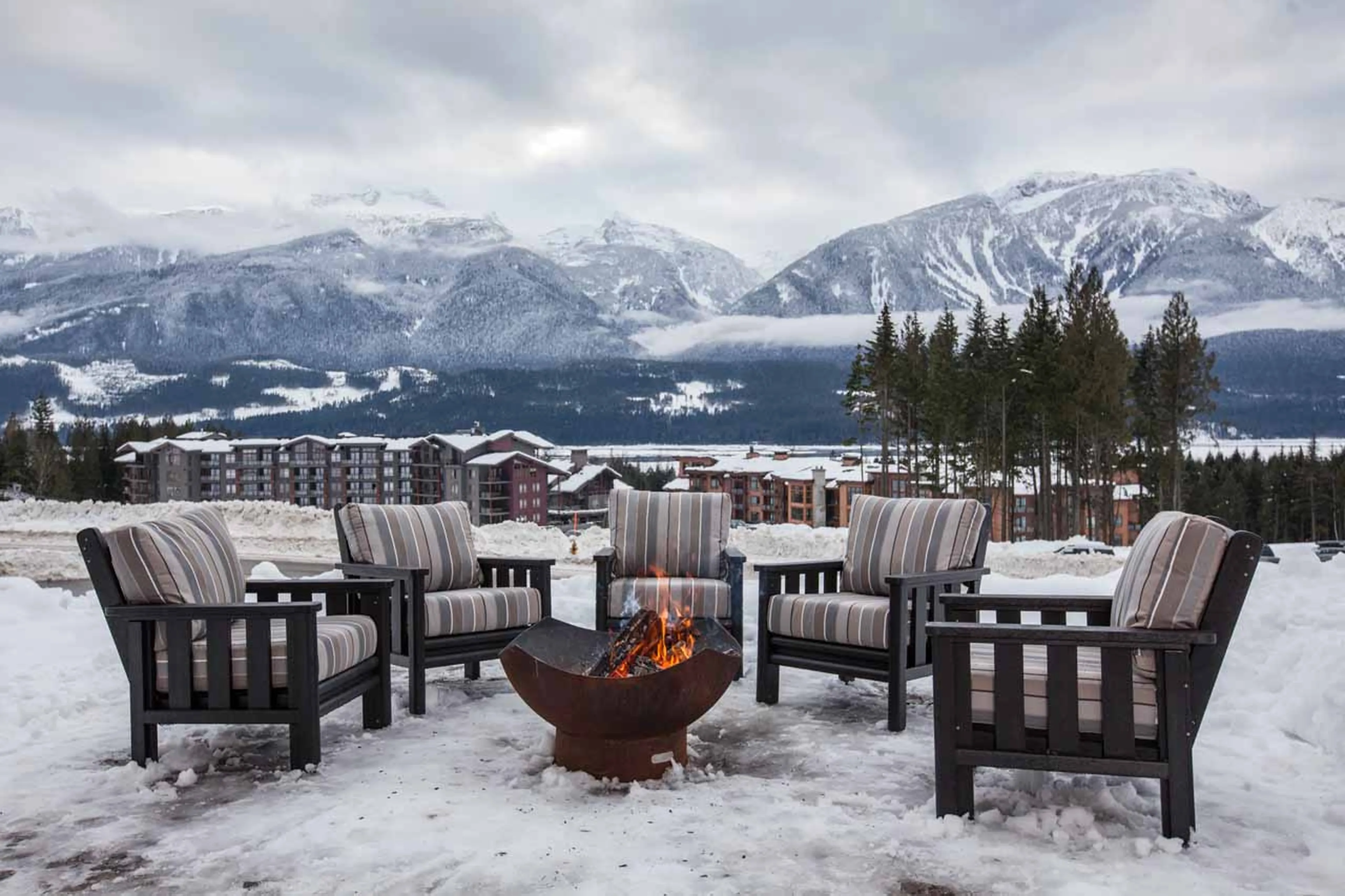 Terrace and firepit at Bison Lodge in Revelstoke