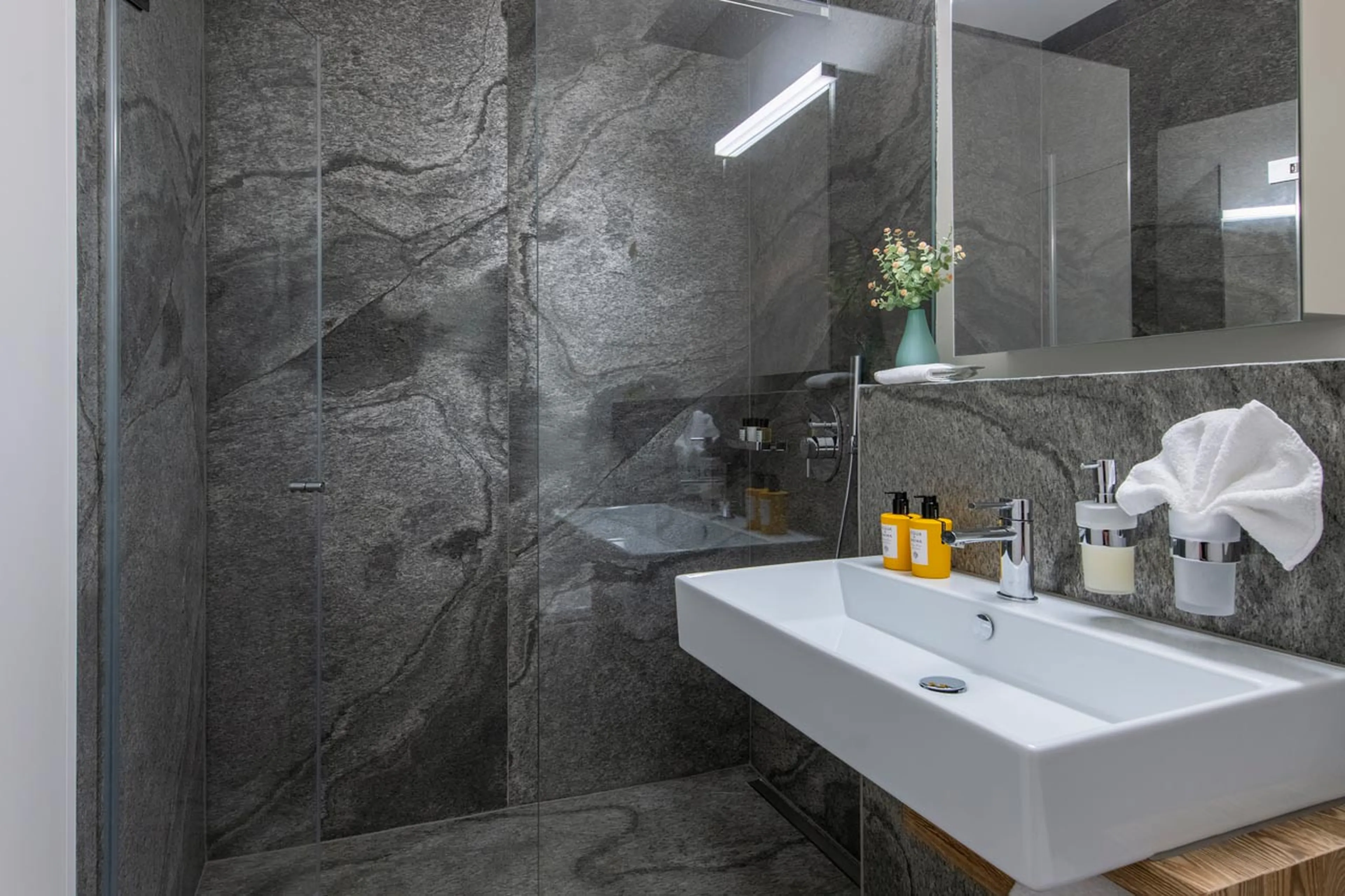 En-suite shower room at Buelenhorn in Bortji Estate in Davos