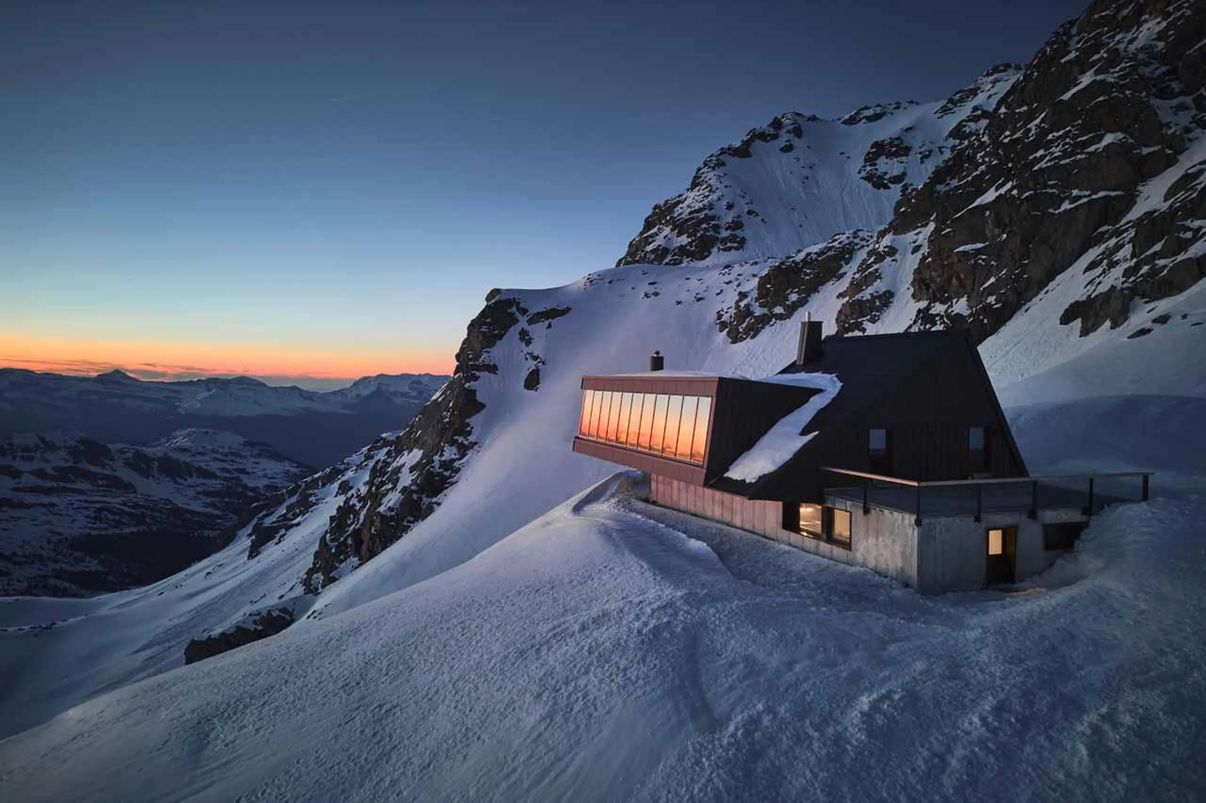 Exterior of Cabane Tortin, Verbier at sunset