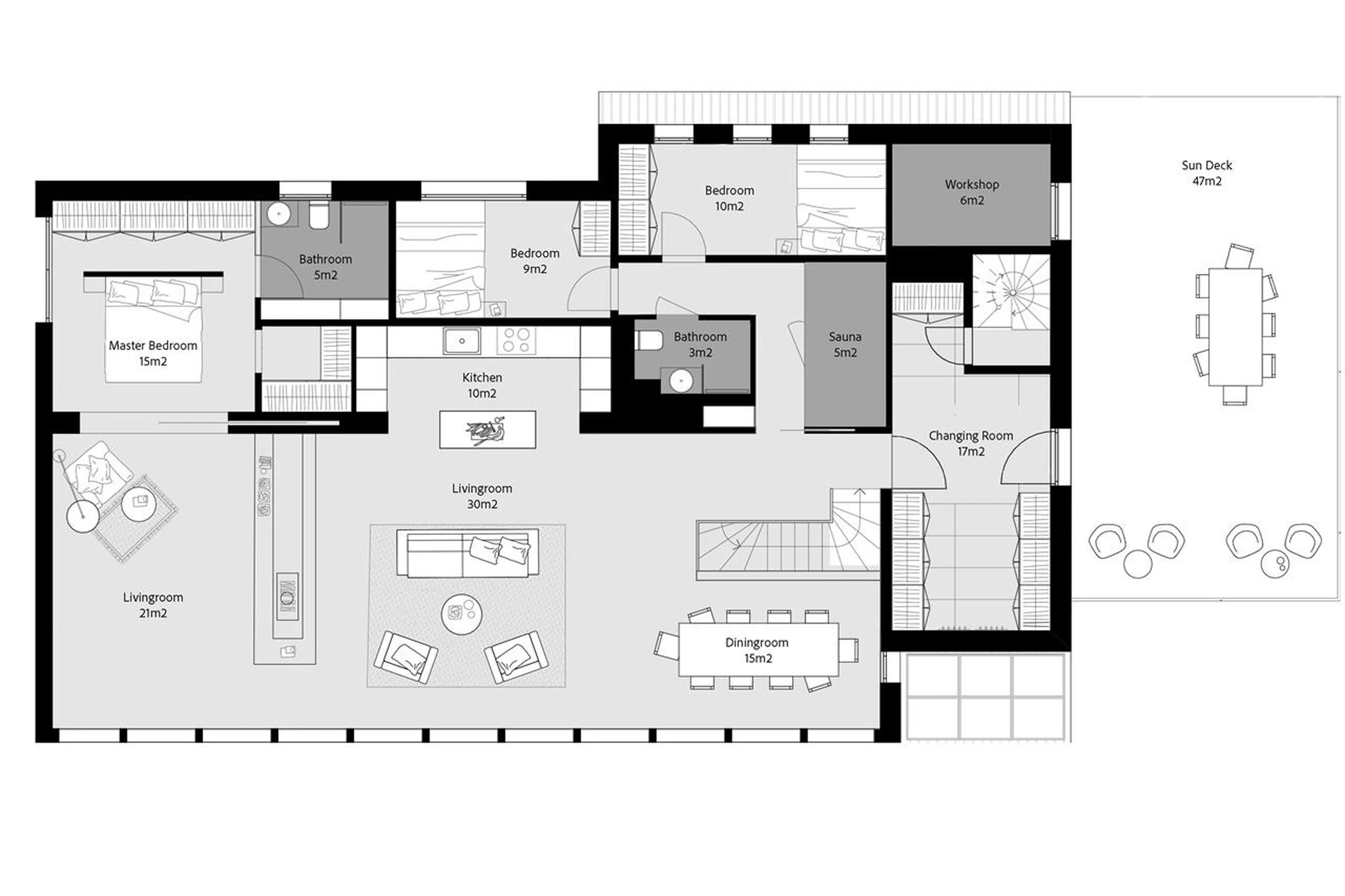 Main level floor plan of Cabane Tortin in Verbier