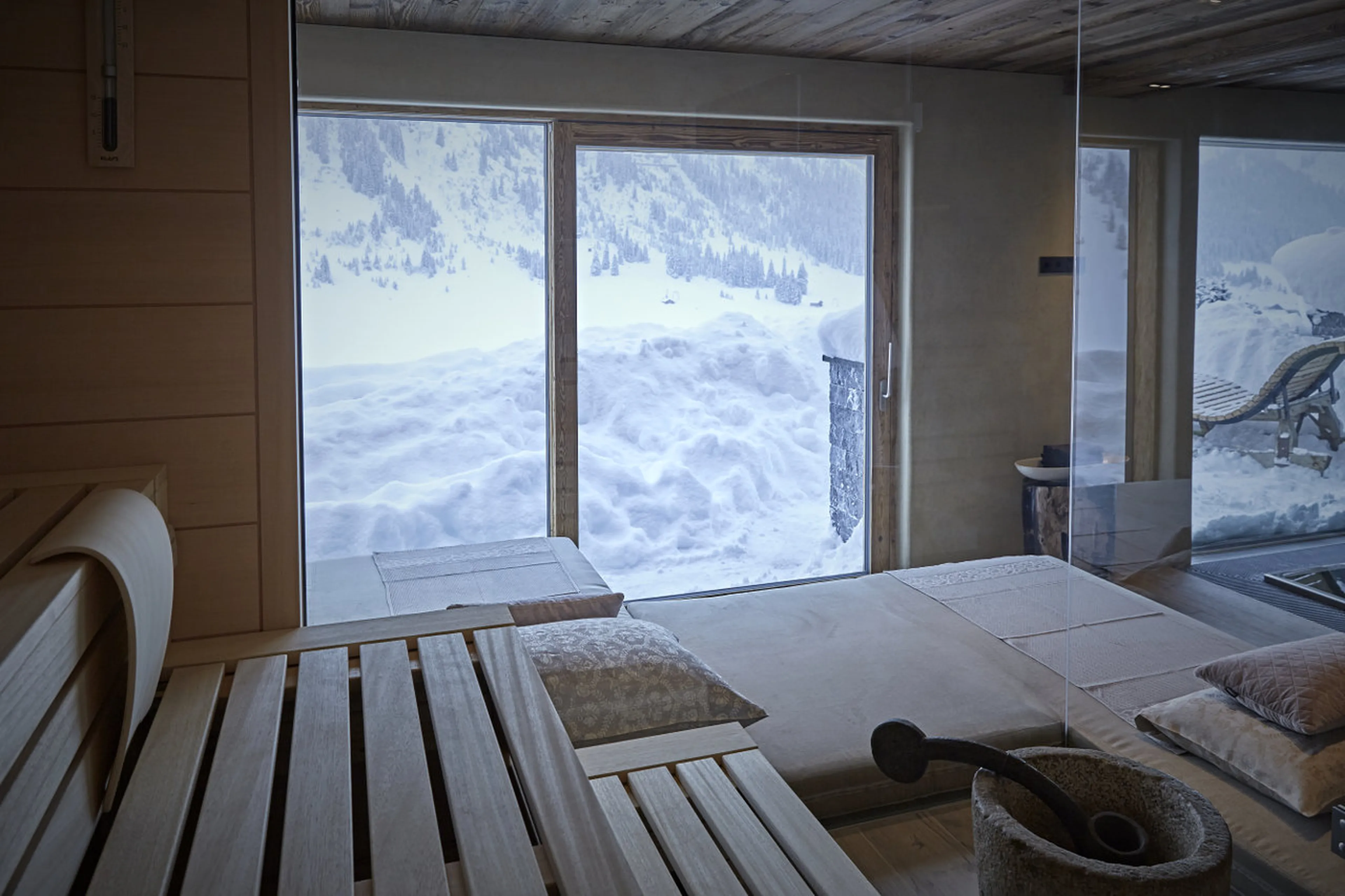 Sauna with a view in the spa area of Chalet 1551 in Lech