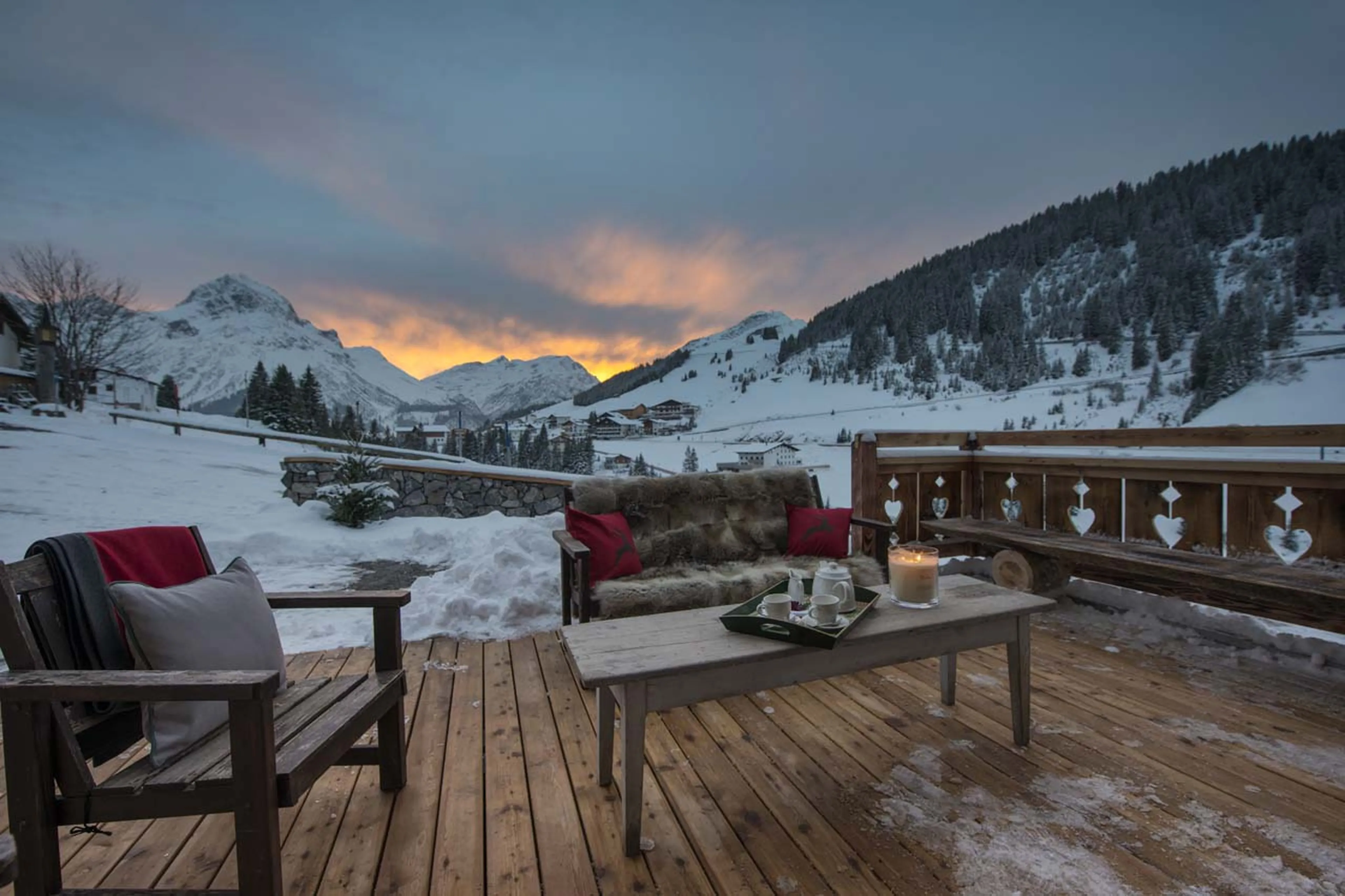 Sunset behind the Austrian Alps in Lech, viewed from the terrace of Chalet 1597