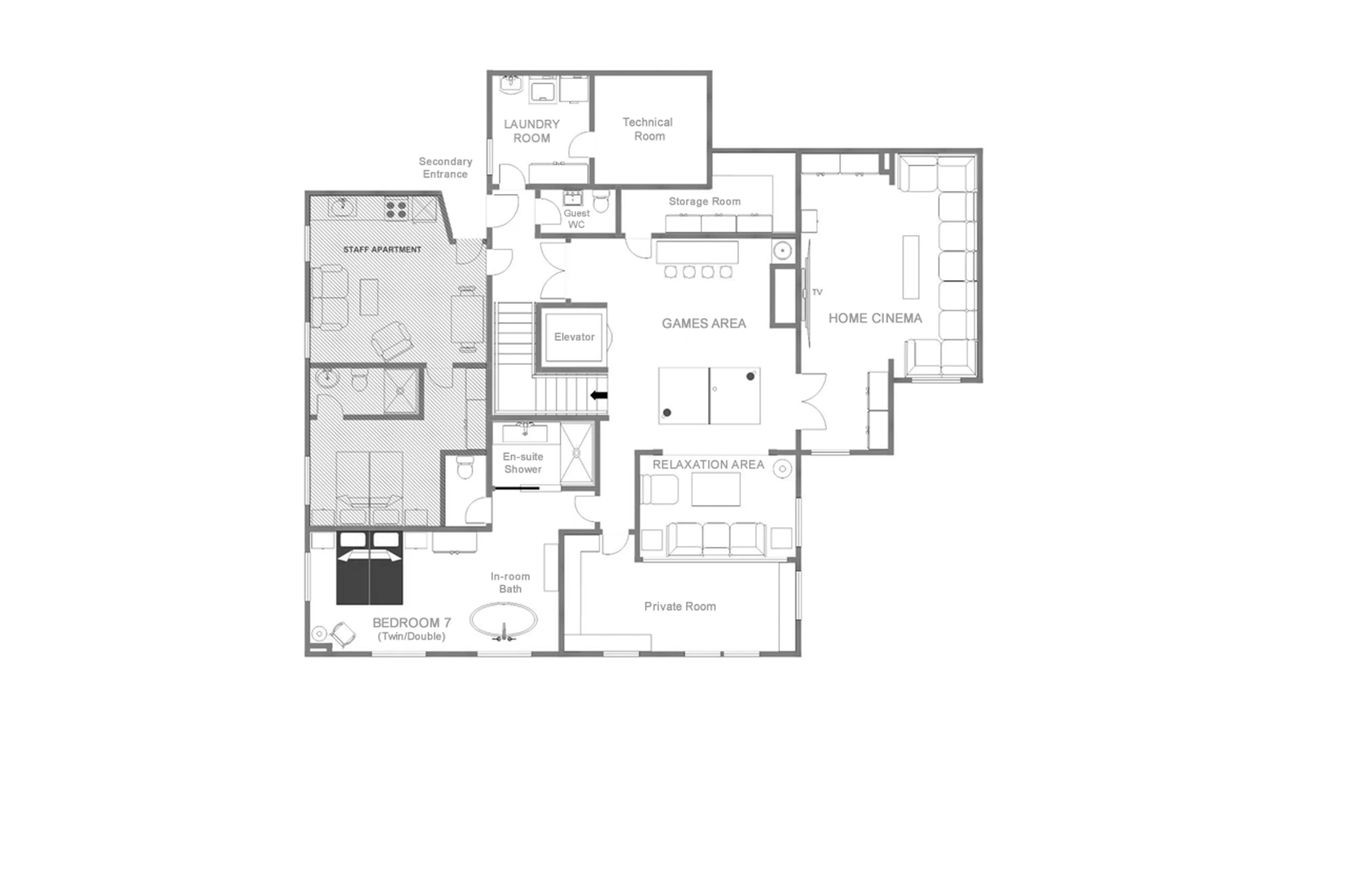 Level -1 floor plan of Chalet 1936 in Verbier
