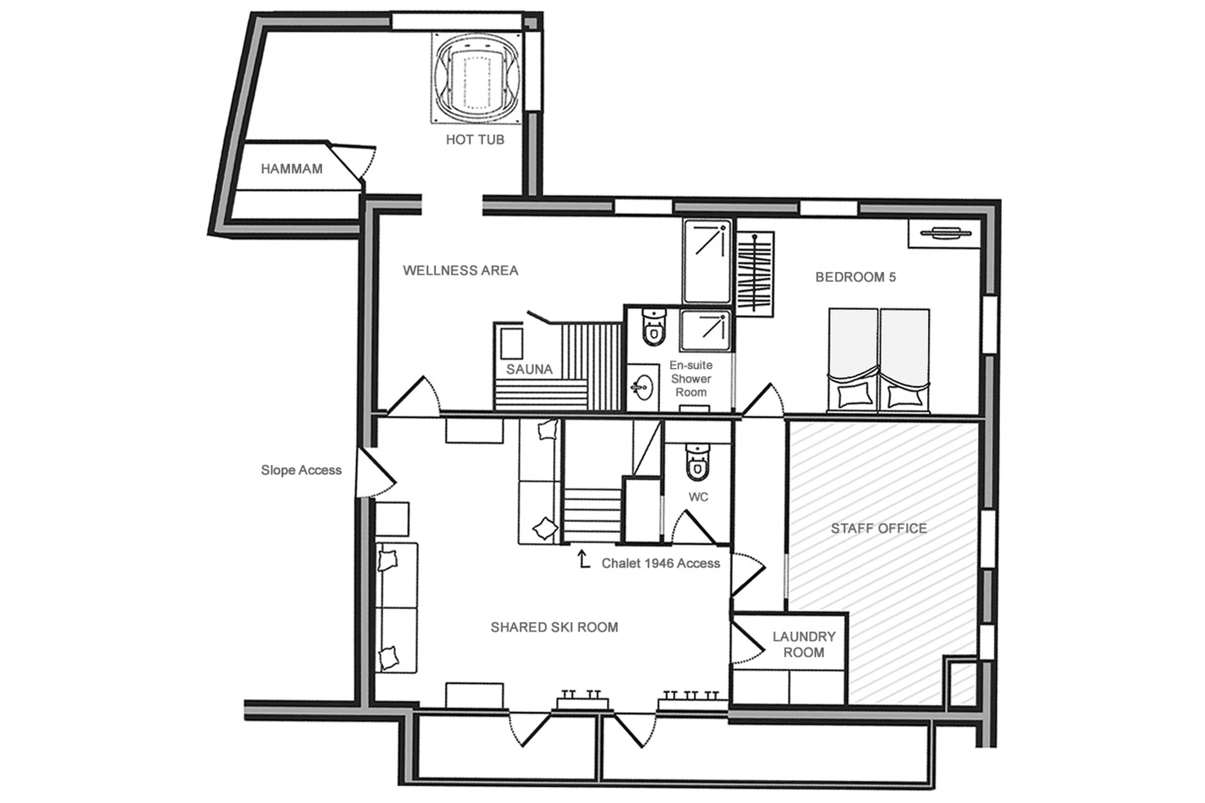 Level -1 floor plan of Chalet 1946 in Courchevel Le Praz