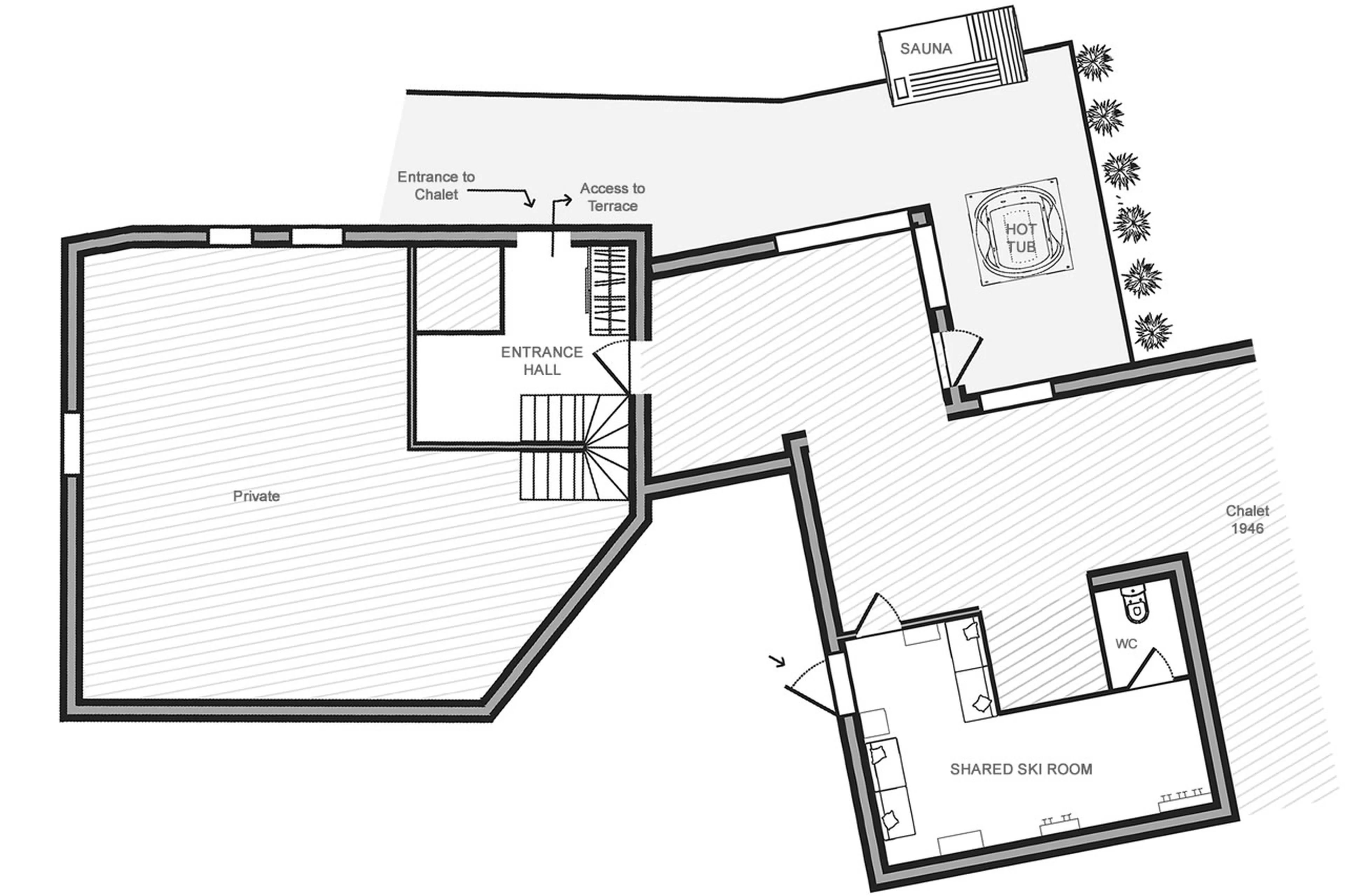 Level 0 floor plan of Chalet 1992 in Courchevel Le Praz