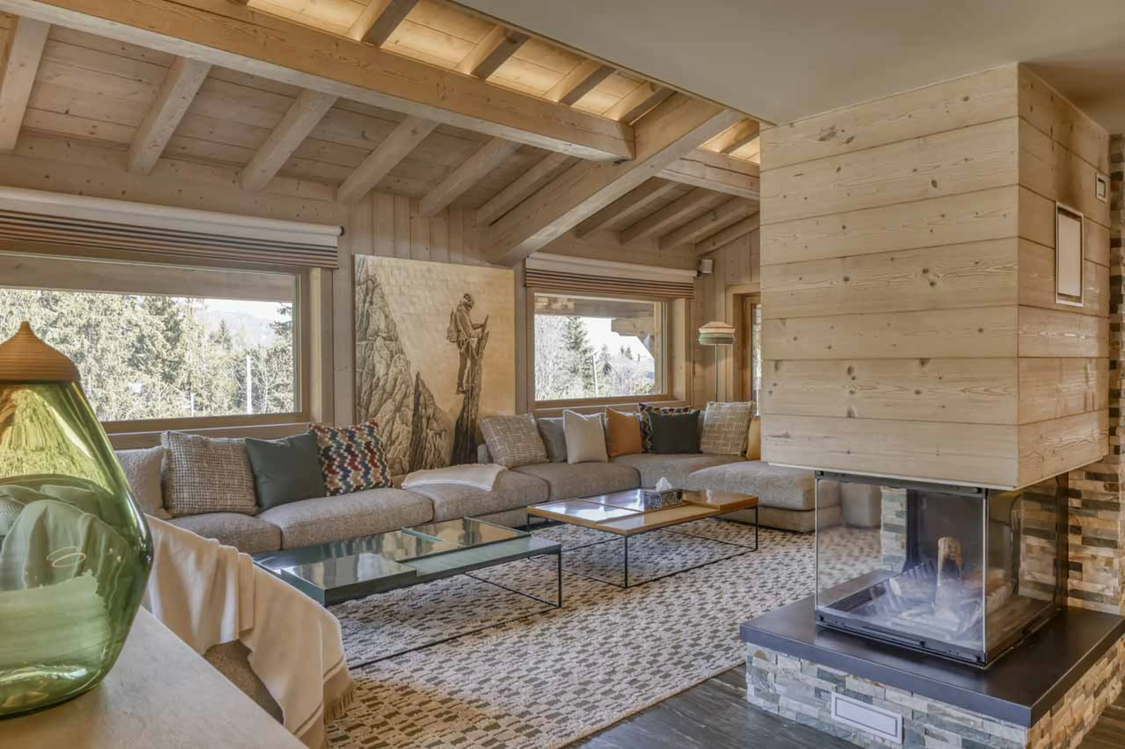 Living area fireplace at Chalet 34 in Megeve