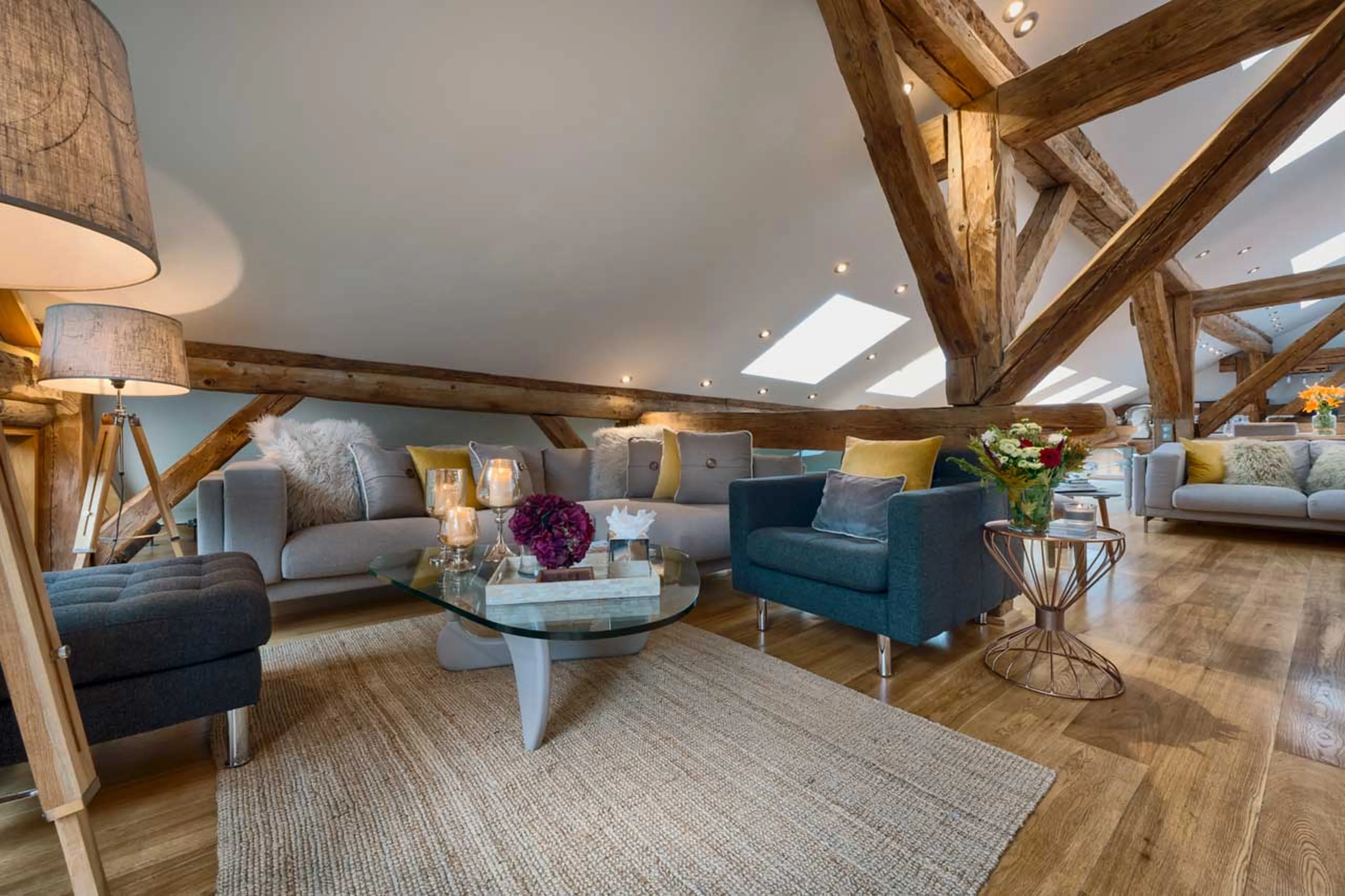Open plan living area at Chalet 46˚ in Morzine