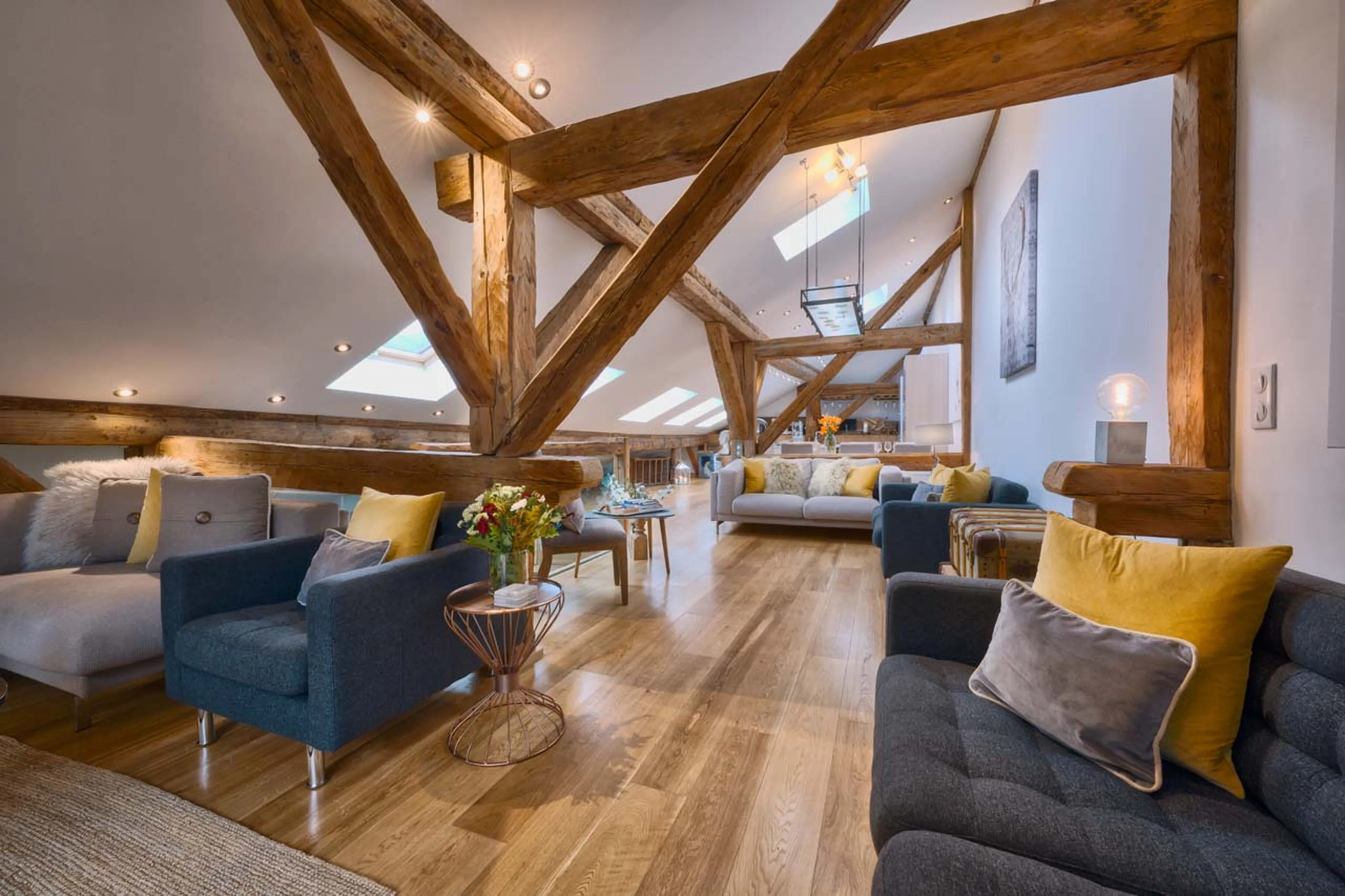 Living and dining area at Chalet 46˚ in Morzine