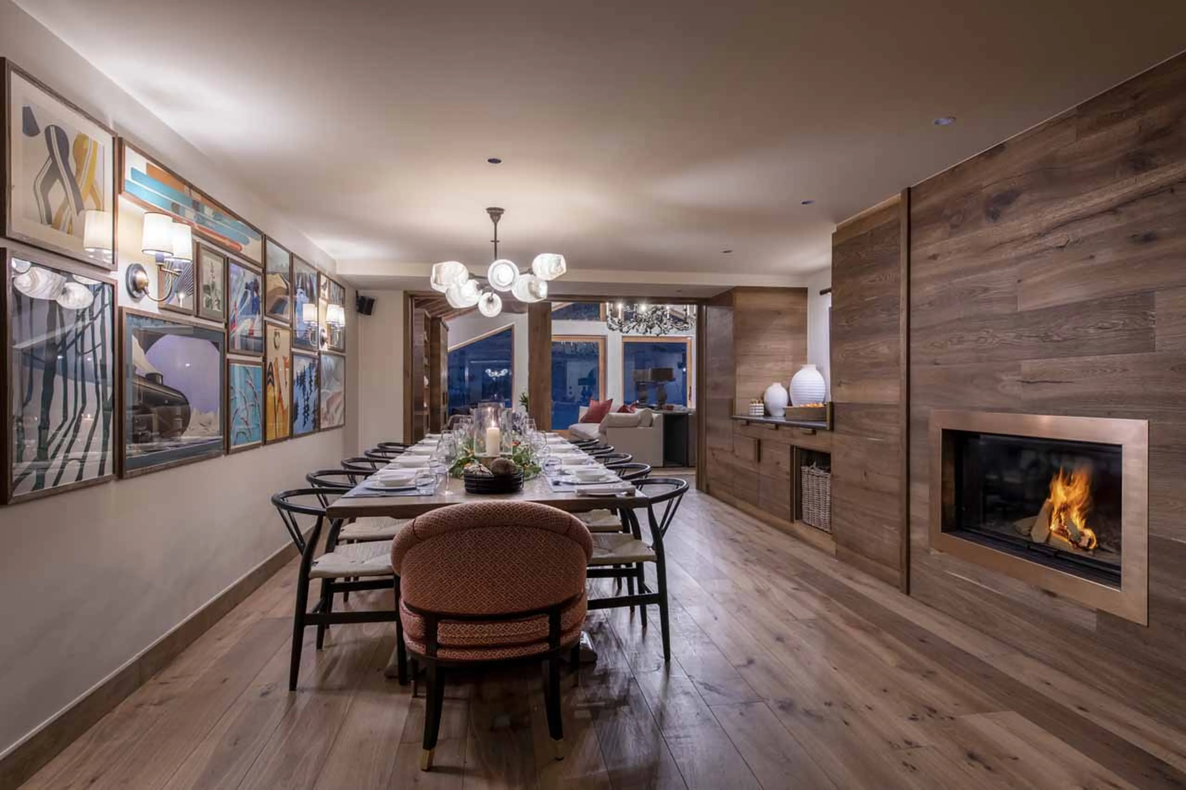 Dining area with fireplace at Chalet Abade in Val d'Isere
