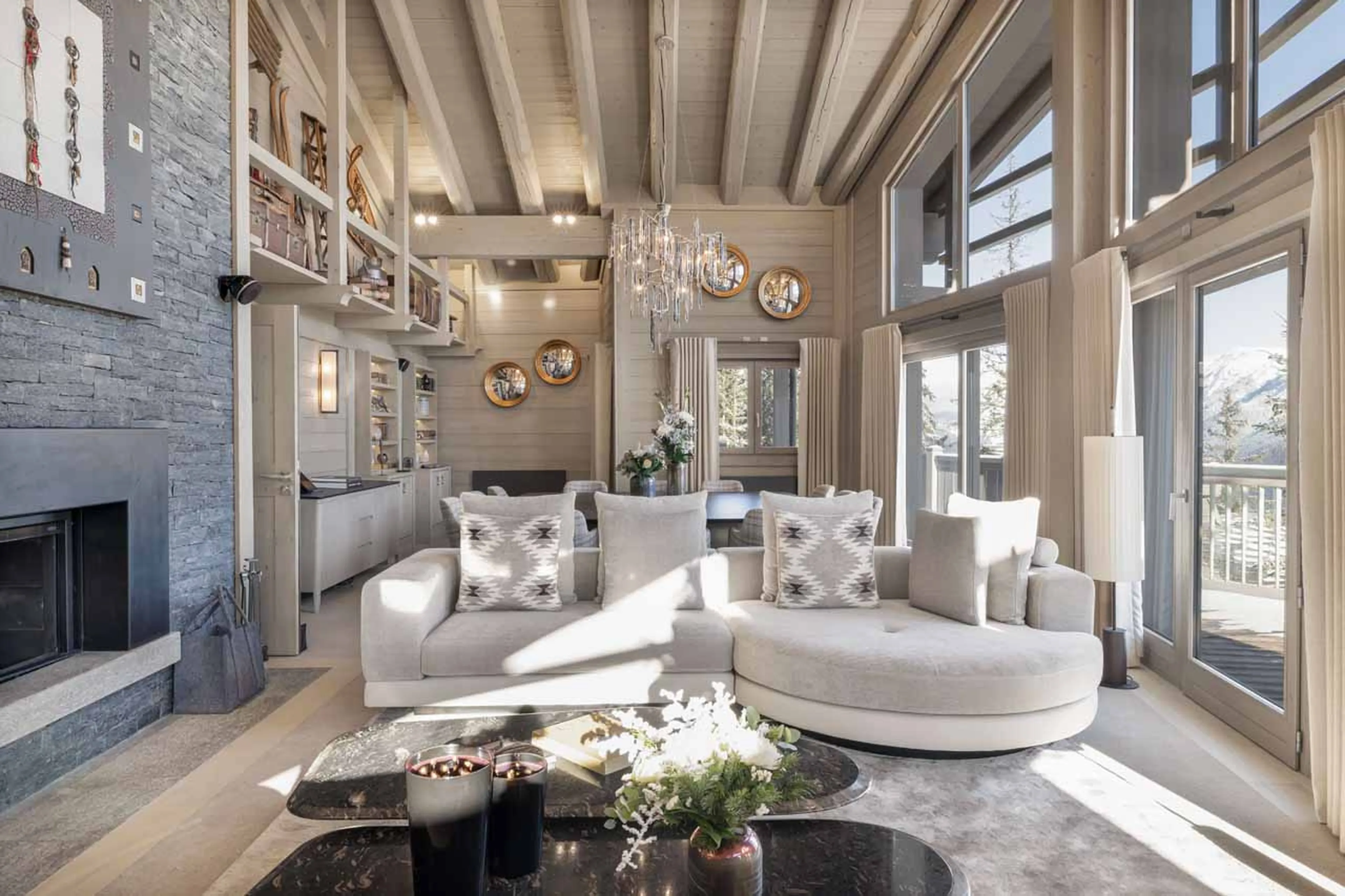 Fireplace in living room of Chalet Abruzzes in Courchevel 1850