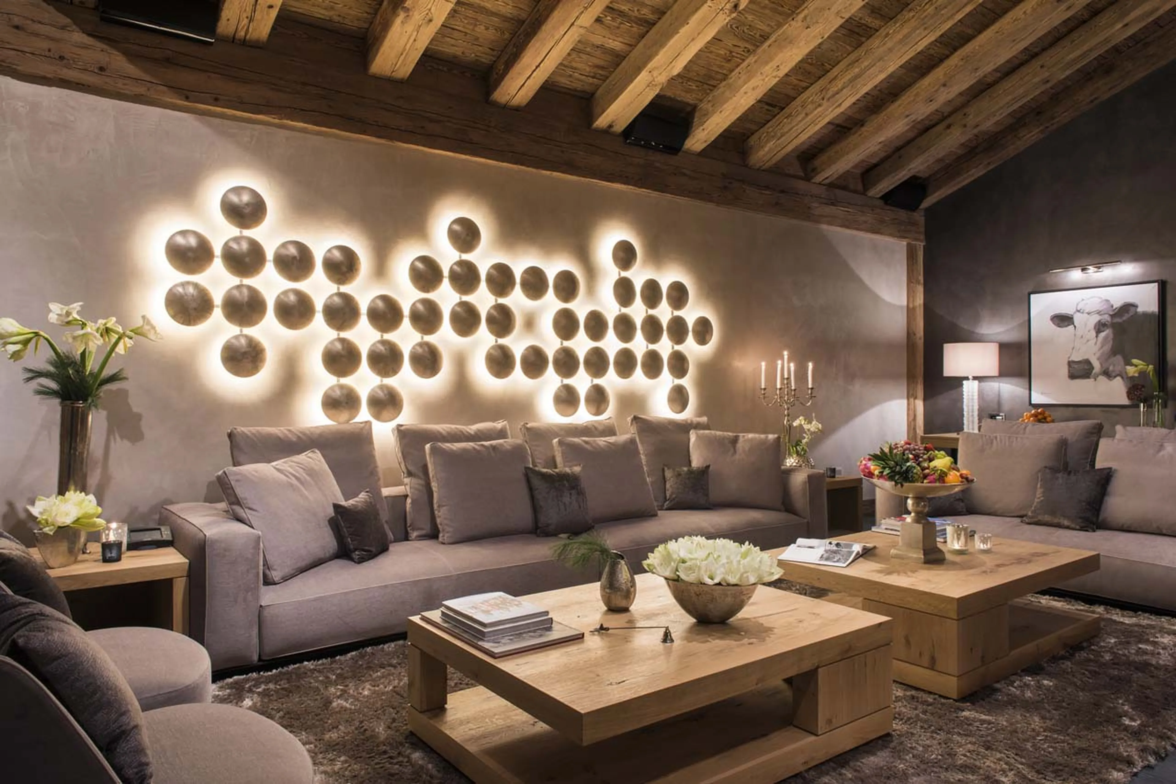 Comfortable sofas in living area of Chalet Aconcagua in Zermatt